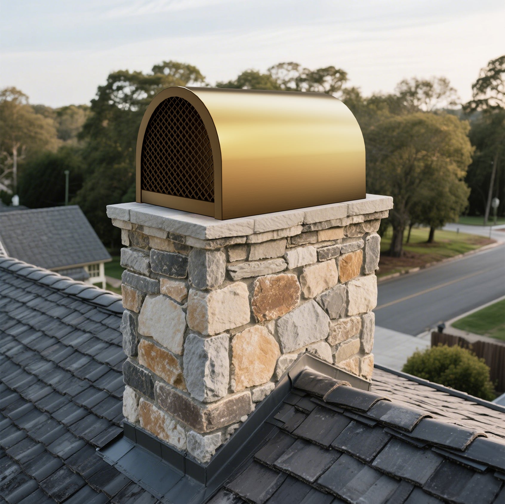 Custom Brass chimney cap with smooth arch contour for residential fireplace chimneys