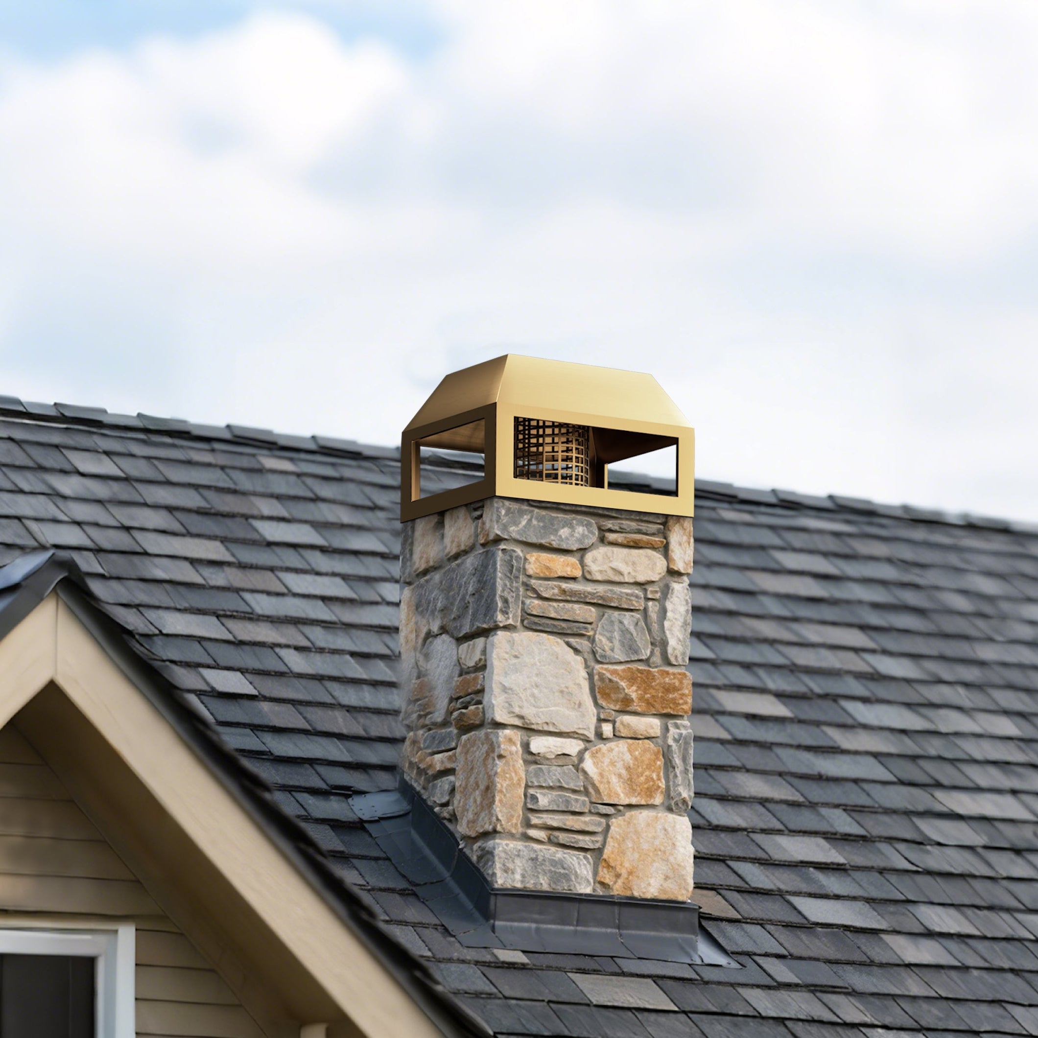 Custom Brass chimney cap with flat streamlined design for residential fireplace chimneys