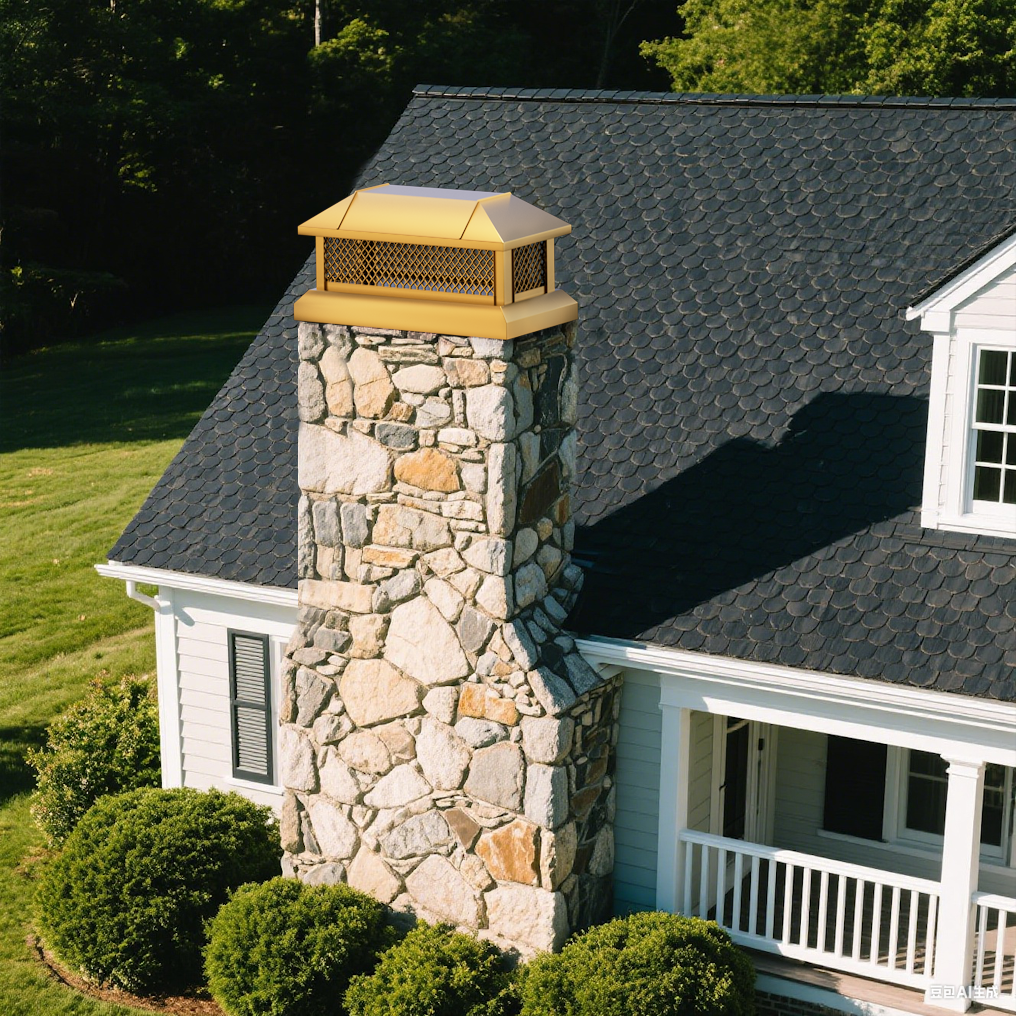 Custom Brass chimney cap with flat low-profile design for residential fireplace chimneys