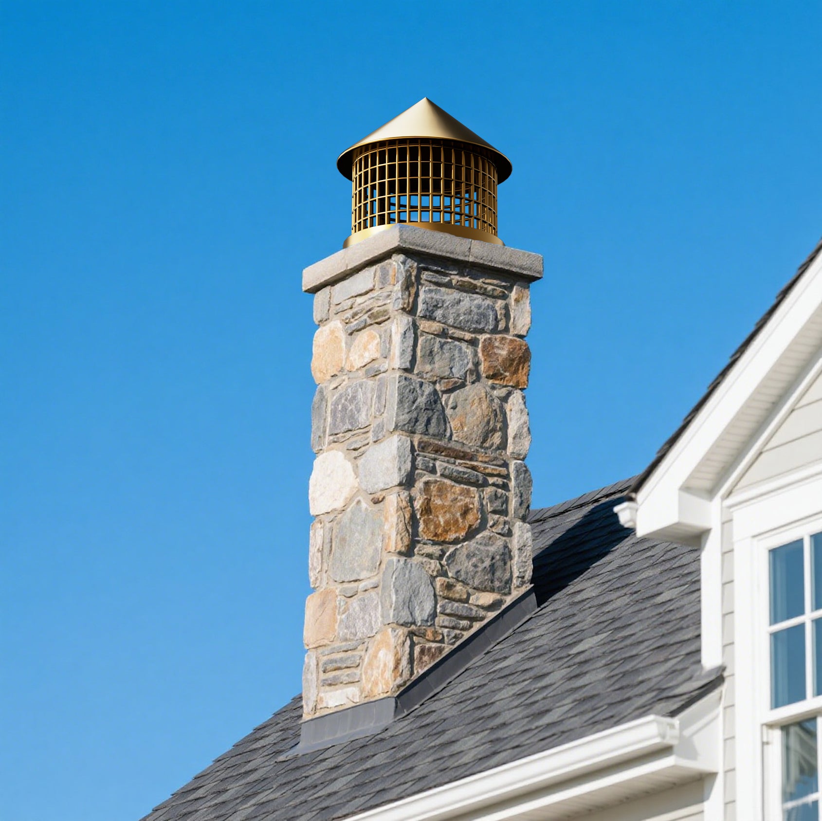 Custom Brass chimney cap with pyramid-shaped structure for residential fireplace chimneys