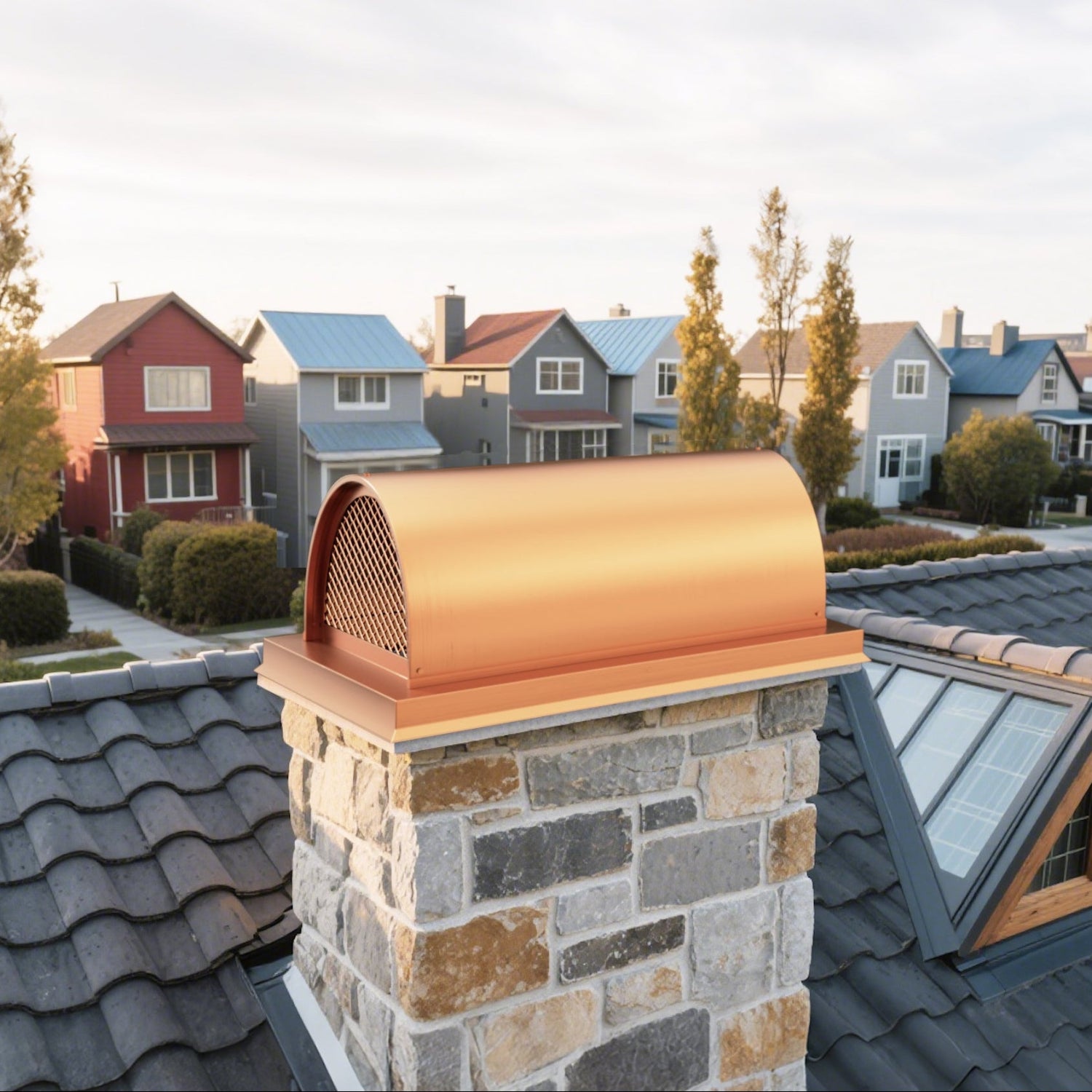 Copper chimney cap with dome design for residential chimneys