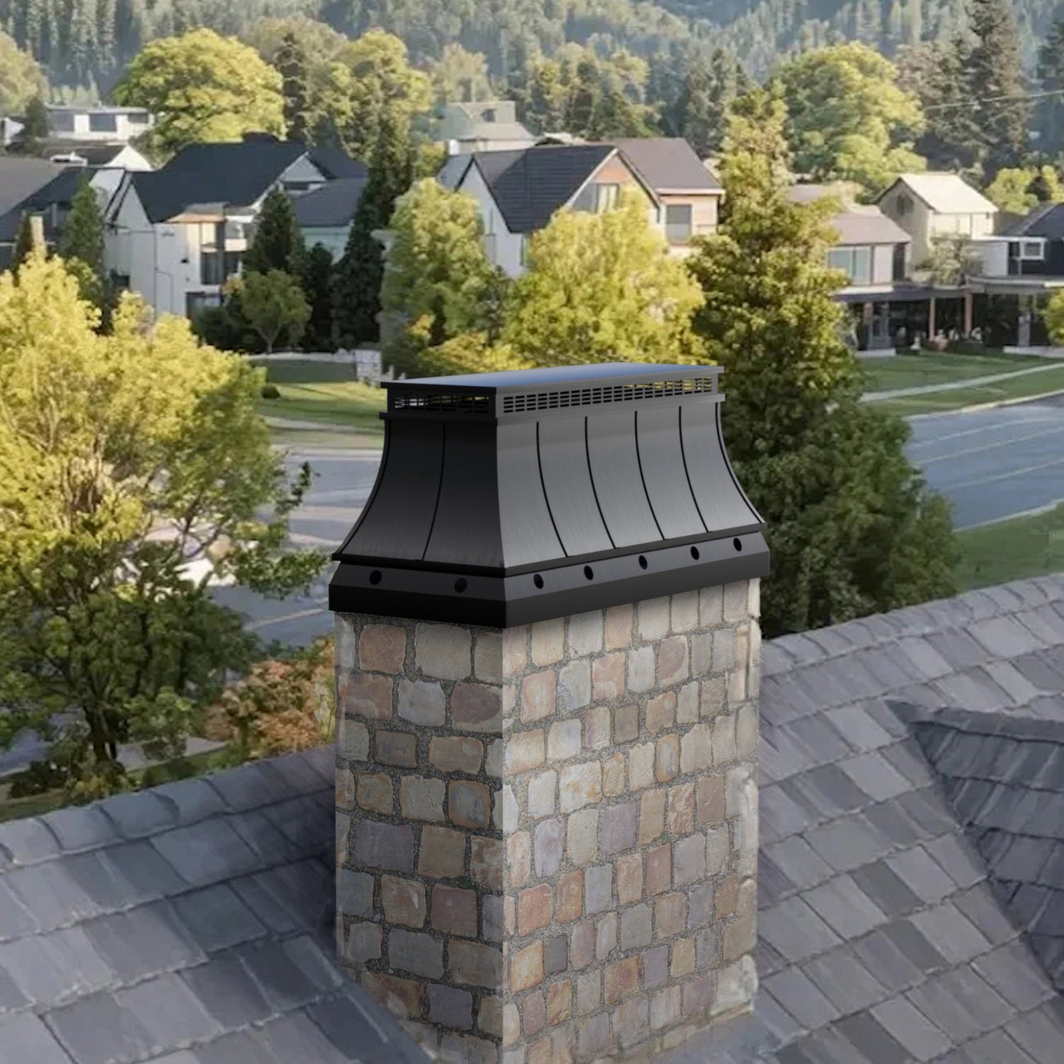 Blackened Copper chimney cap with flat design for residential chimneys