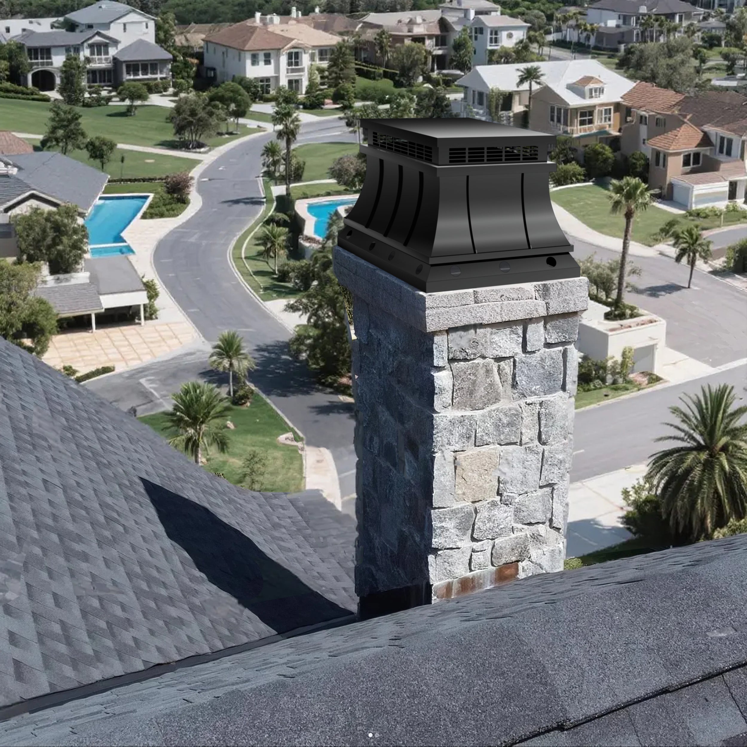 Black Stainless Steel chimney cap with flat sleek design for home chimneys