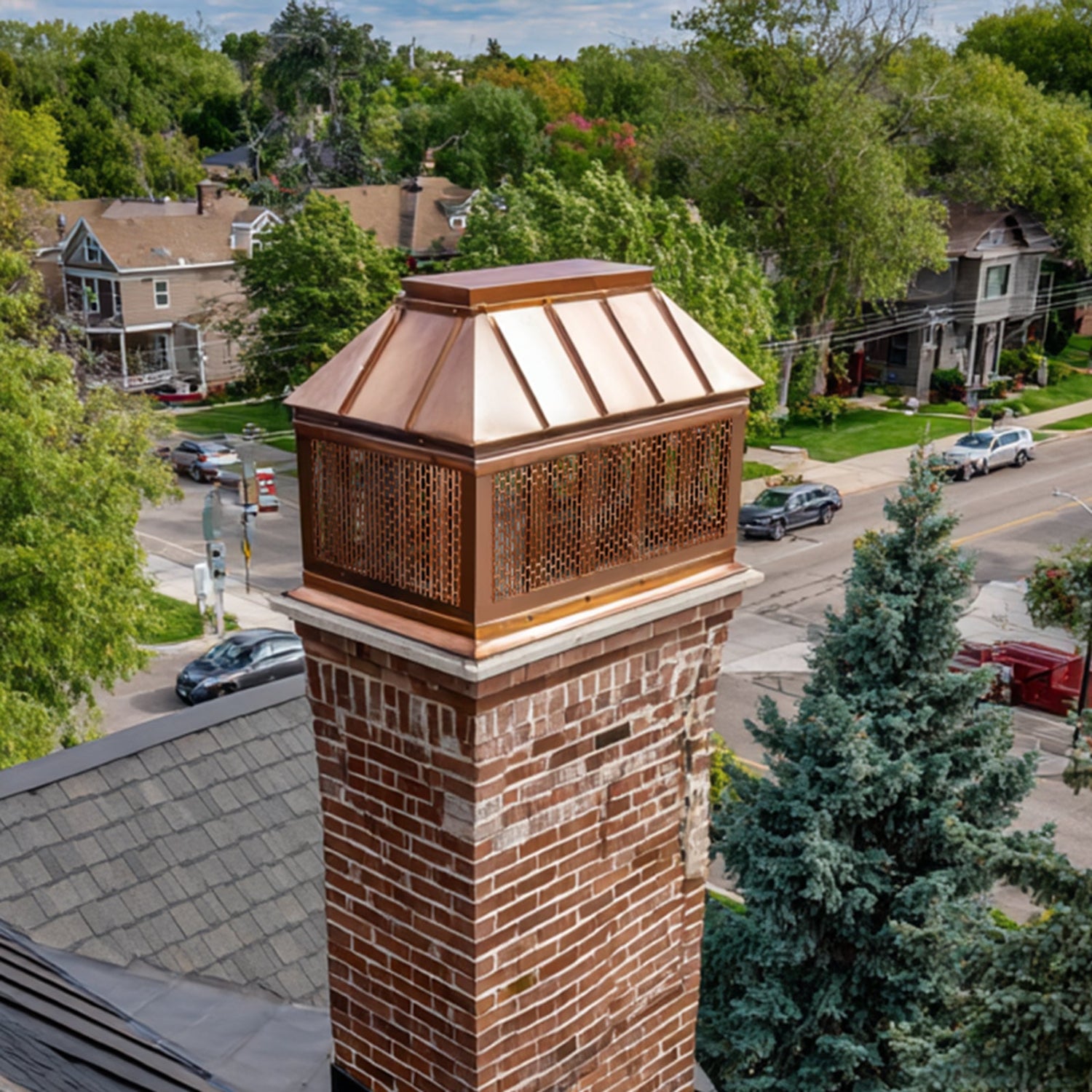 Copper chimney cap with flat mesh design for home chimneys