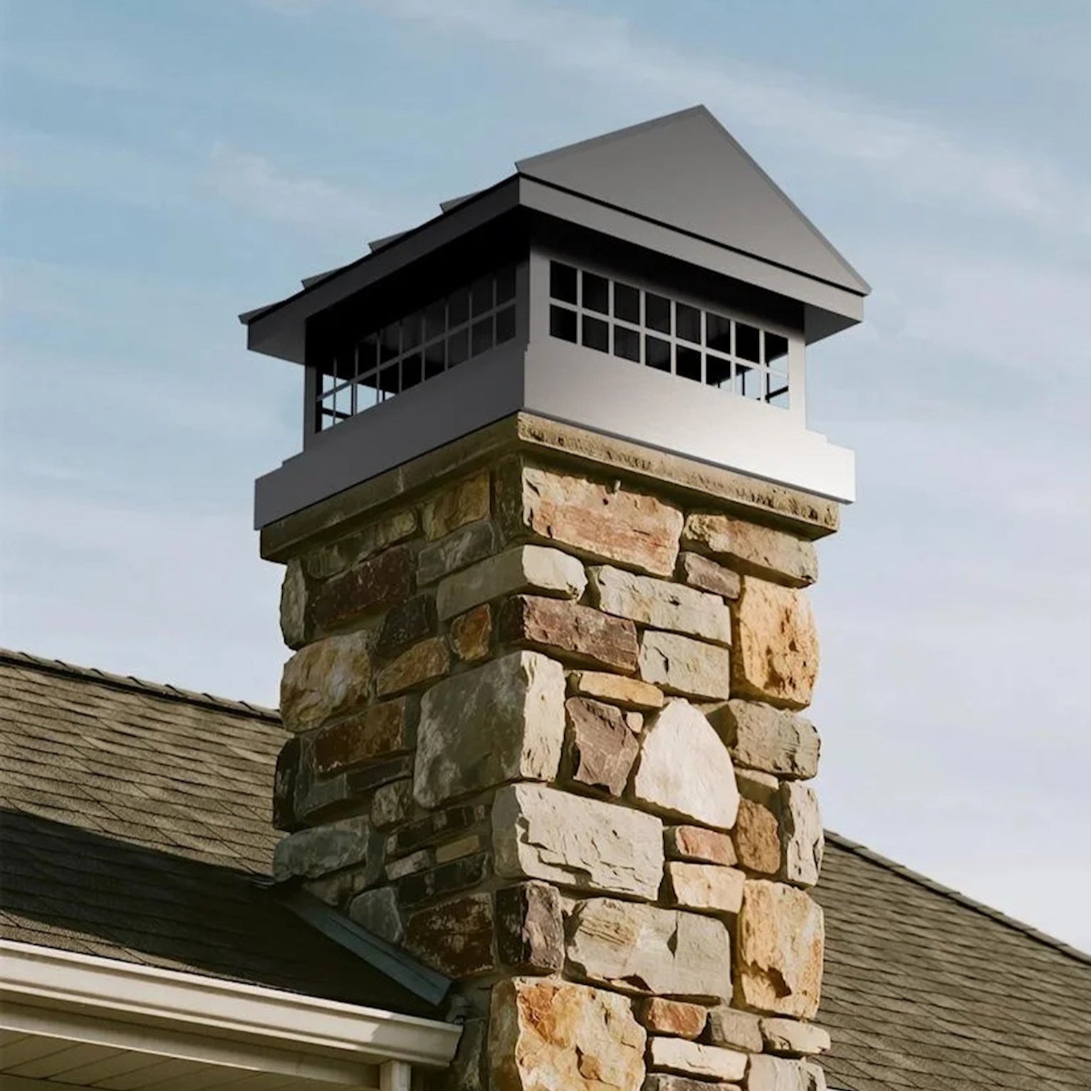 Black Stainless Steel chimney cap with pyramid design for residential chimneys