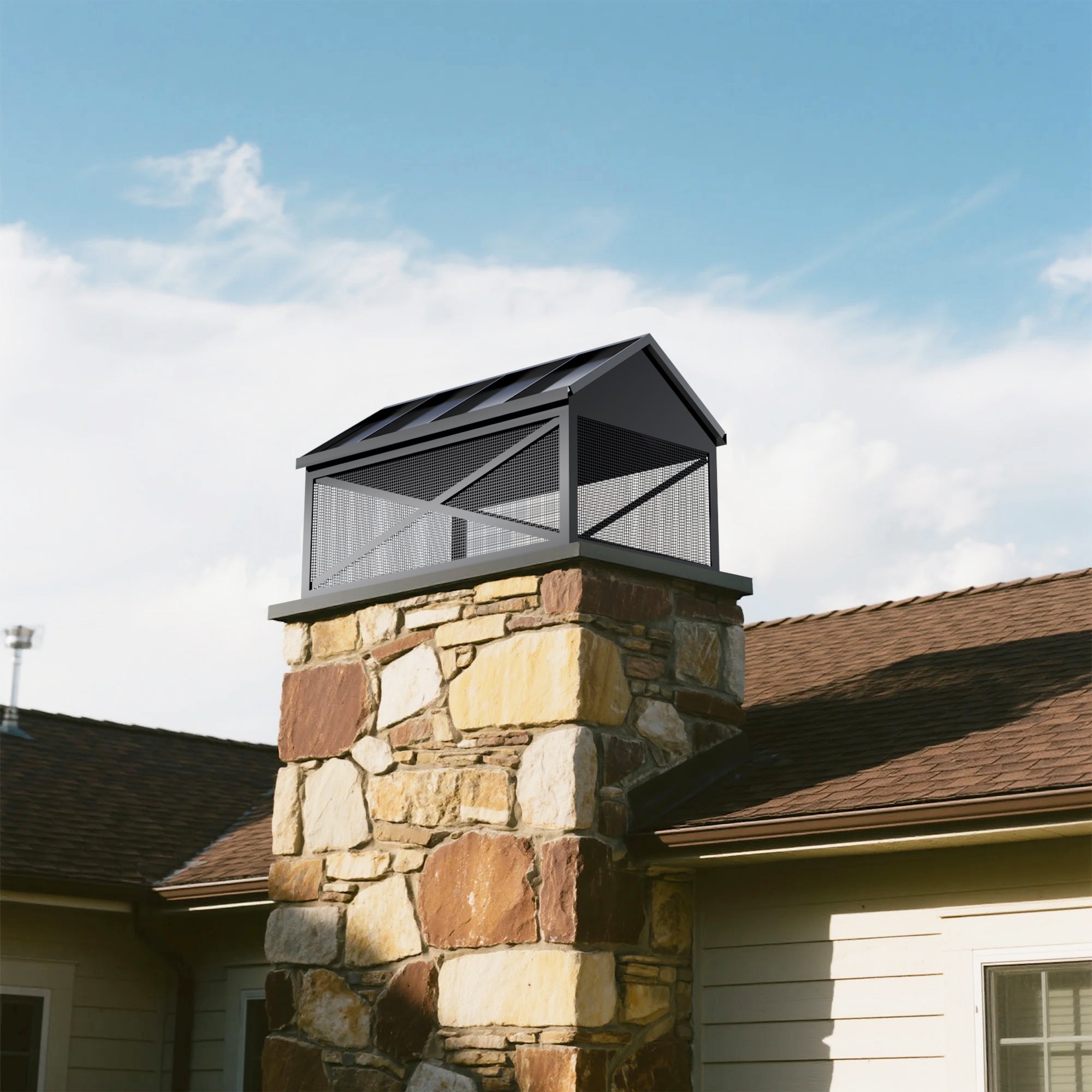 Custom Black Stainless Steel chimney cap with tailored dimensions for commercial building chimneys