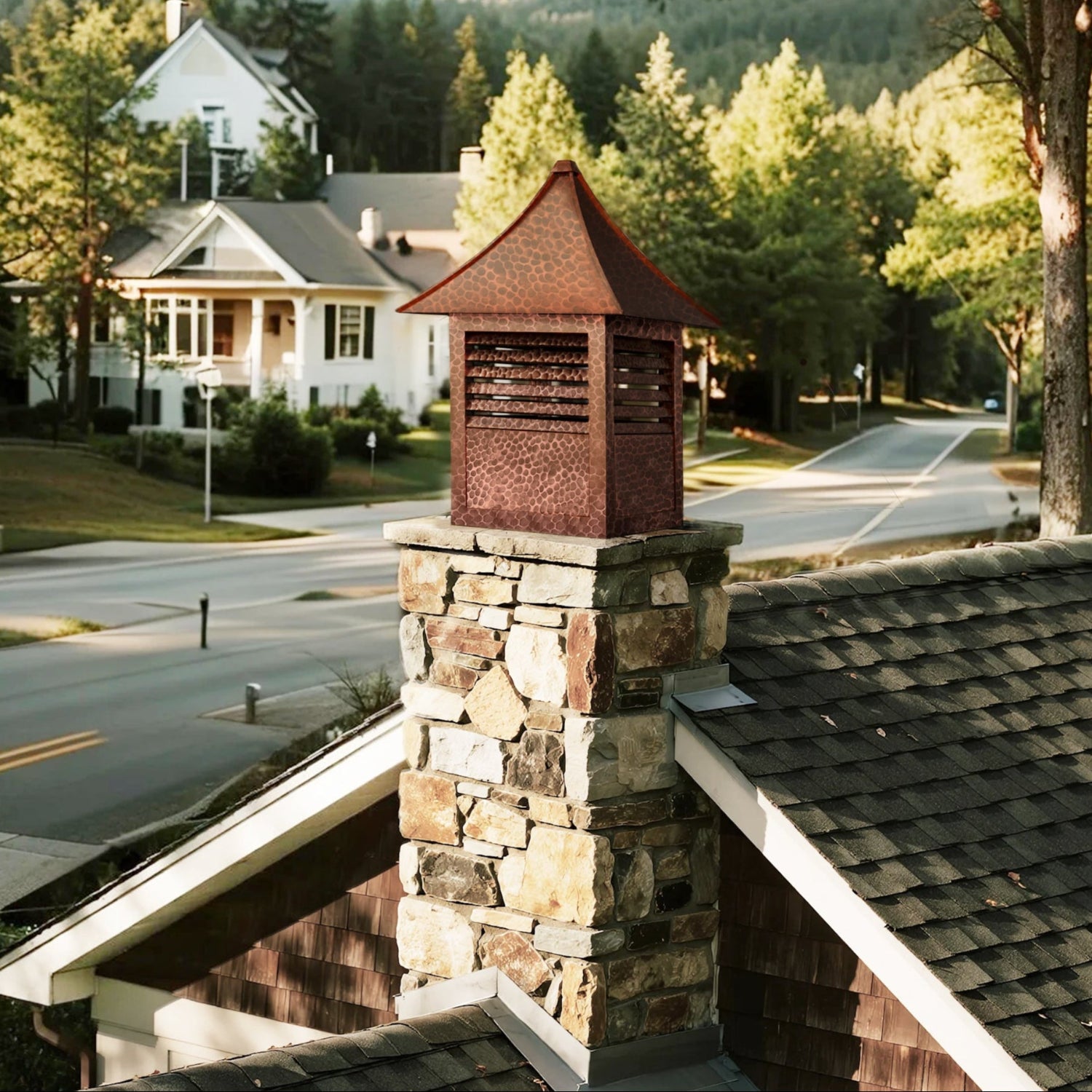 Custom Copper chimney cap with hand hammered texture for urban chimneys