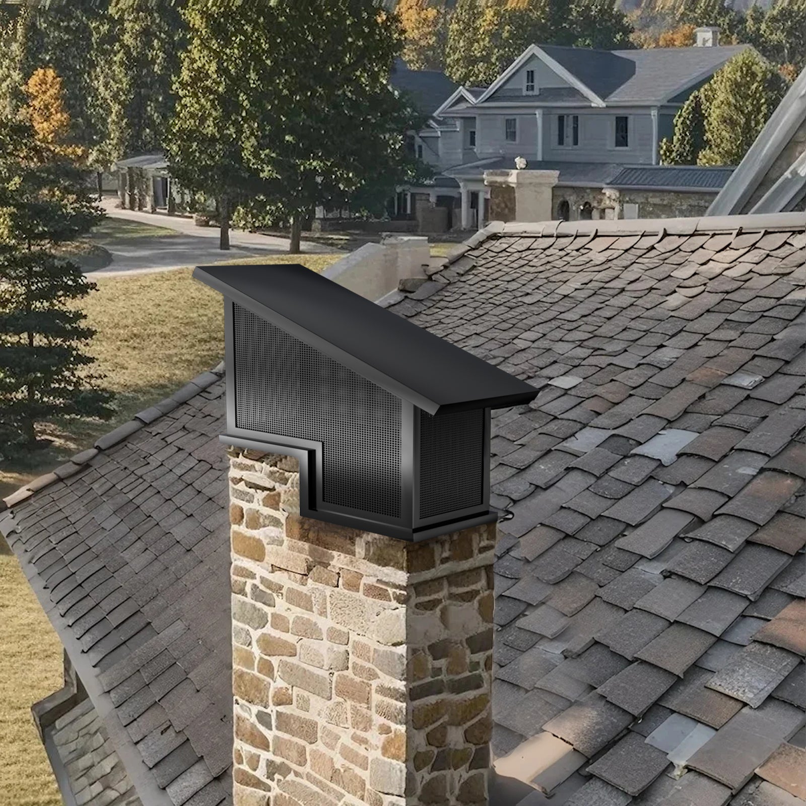 Stainless Steel chimney shroud with sloped design for residential home chimneys