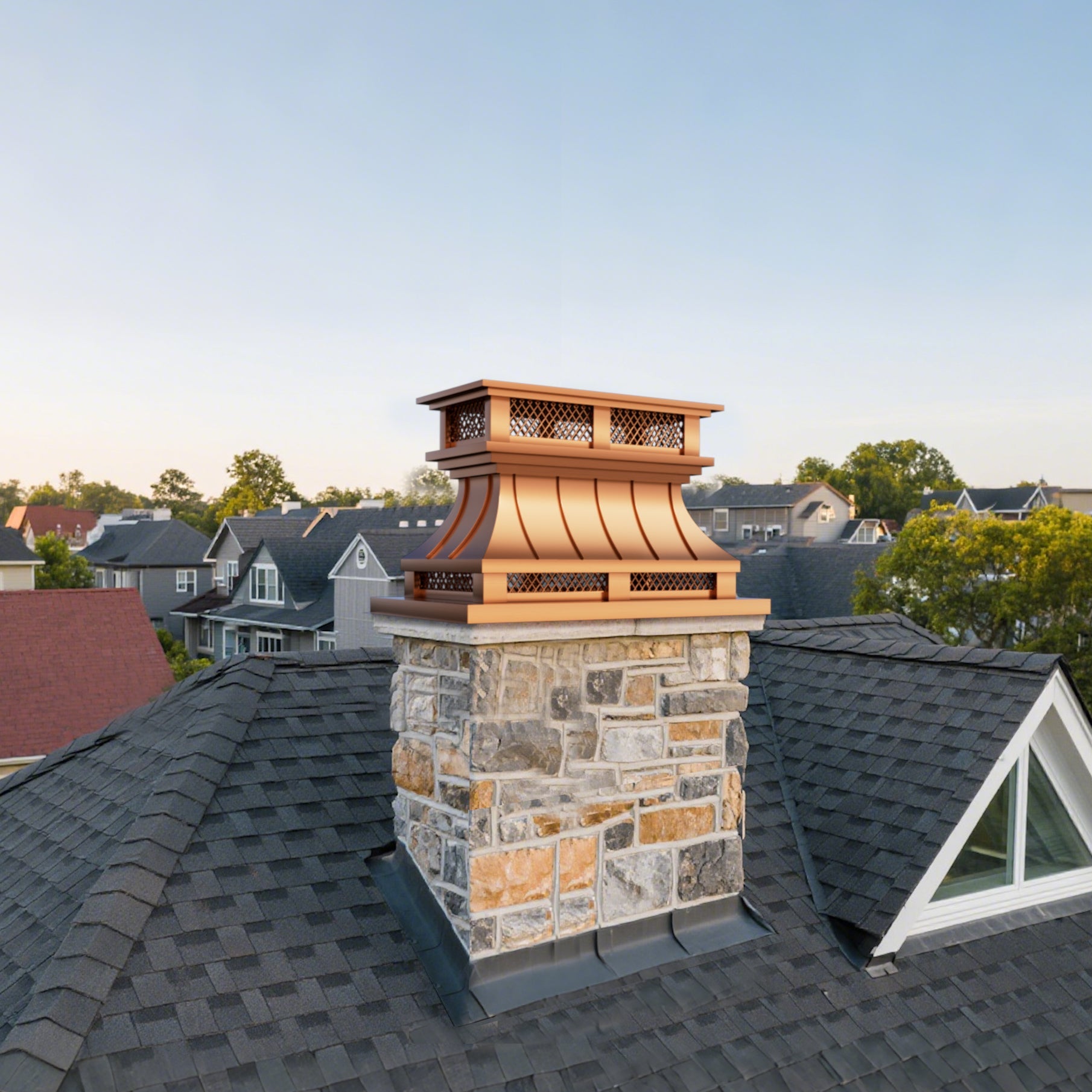 Custom Copper chimney cap with custom shape for urban chimneys