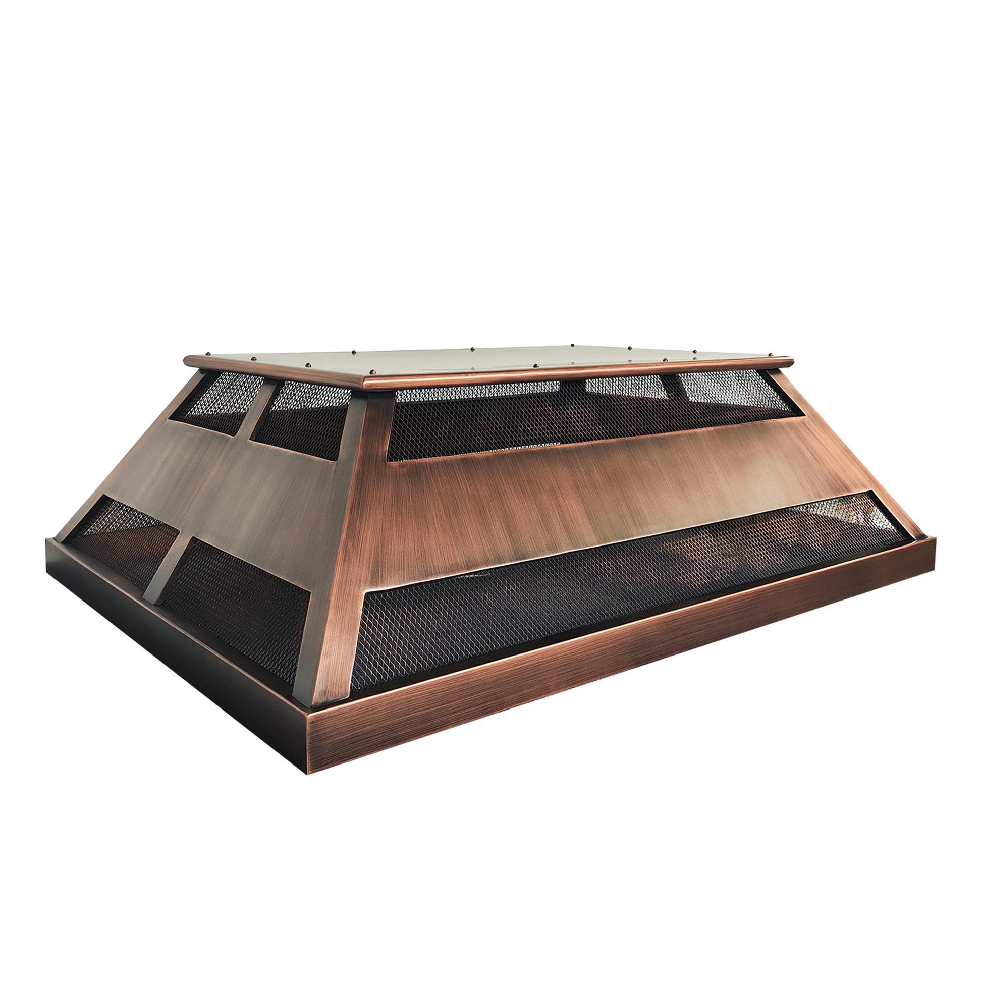Custom antique copper chimney cap with removable top panel at chimneycapmaster