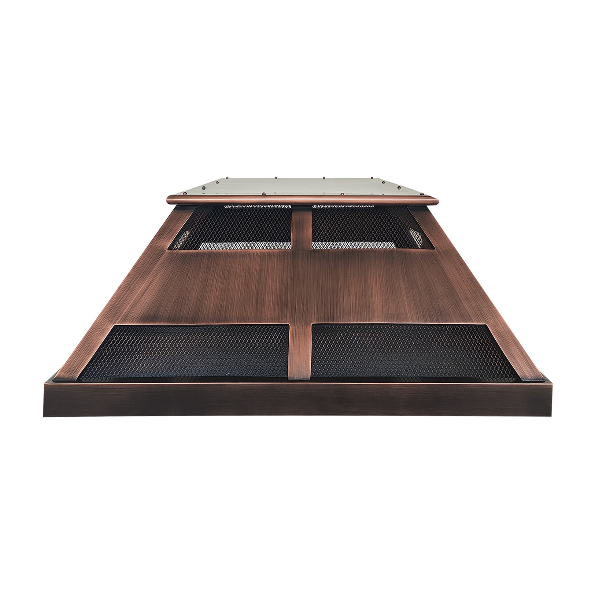 Custom antique copper chimney cap with removable top panel at chimneycapmaster