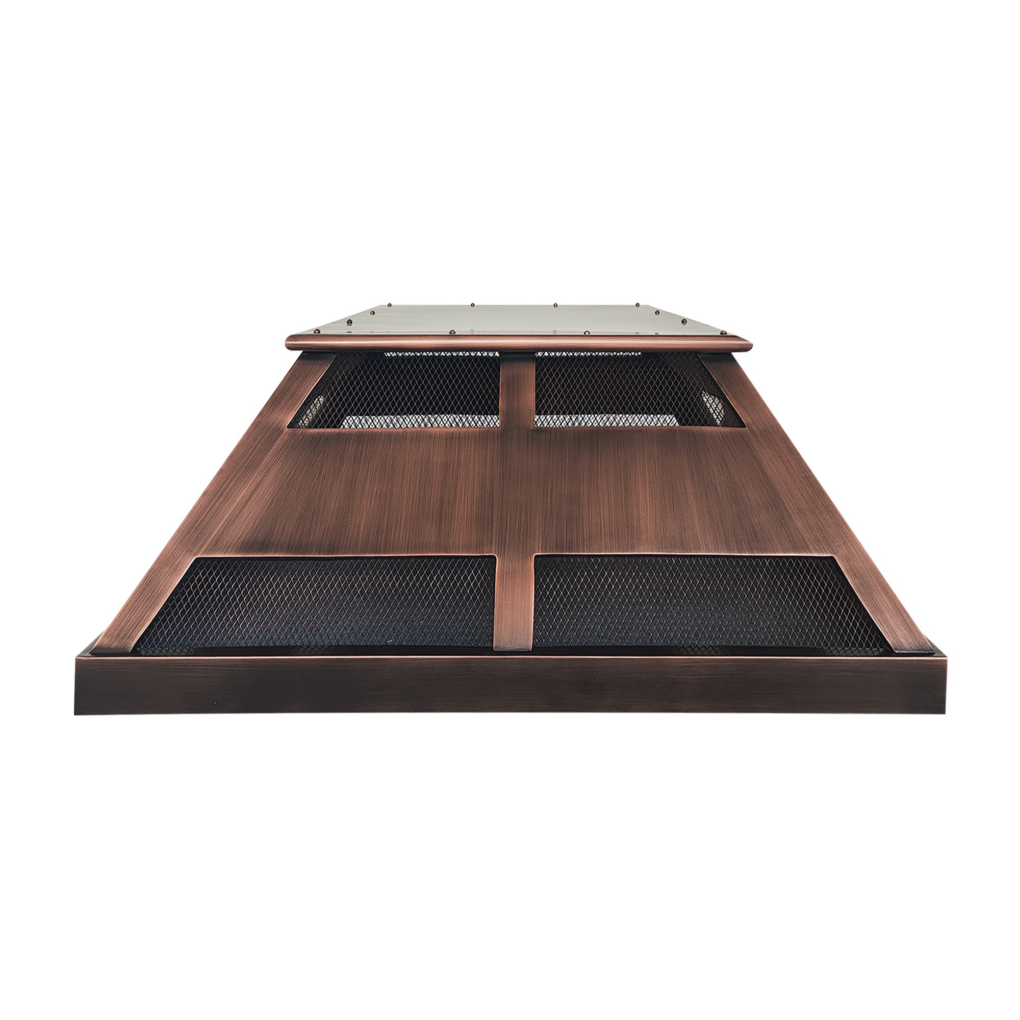Custom antique copper chimney cap with removable top panel at chimneycapmaster