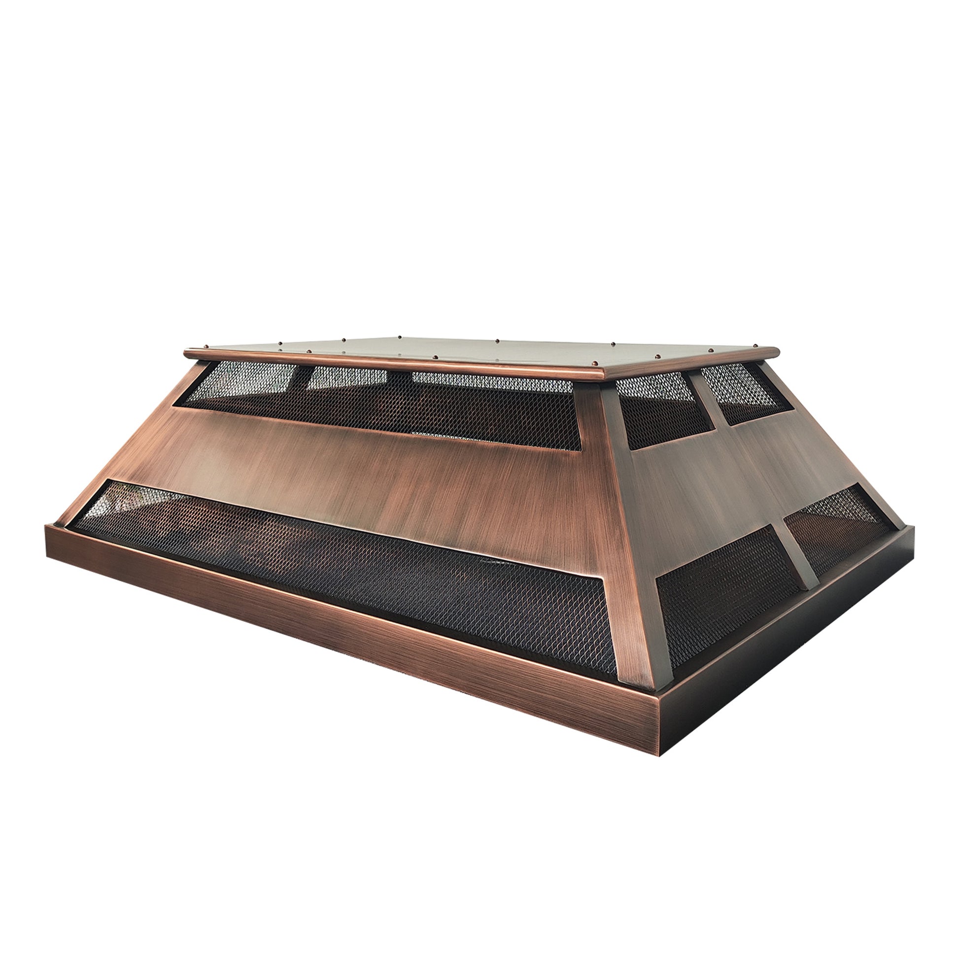 Custom antique copper chimney cap with removable top panel at chimneycapmaster