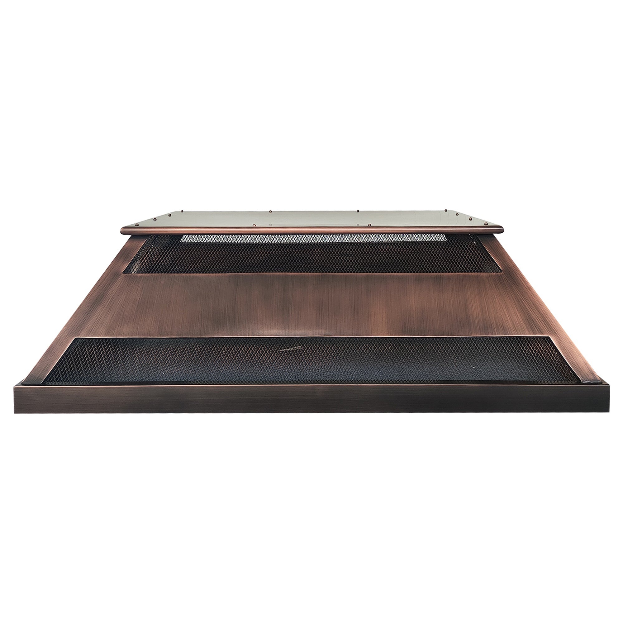 Custom antique copper chimney cap with removable top panel at chimneycapmaster