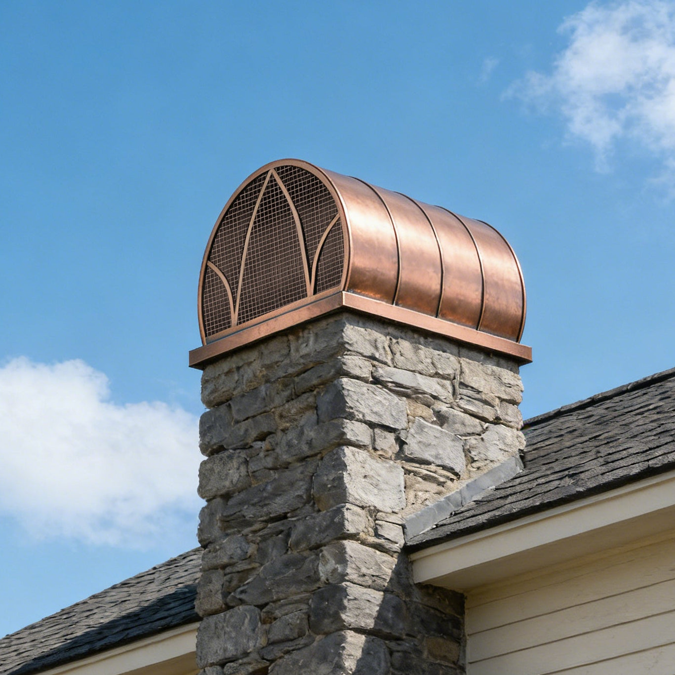 Antique copper dome chimney cap with mesh and standing trims at chimneycapmaster