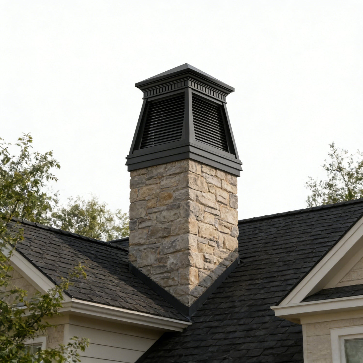 Black stainless steel chimney cover with louver ventilation design
