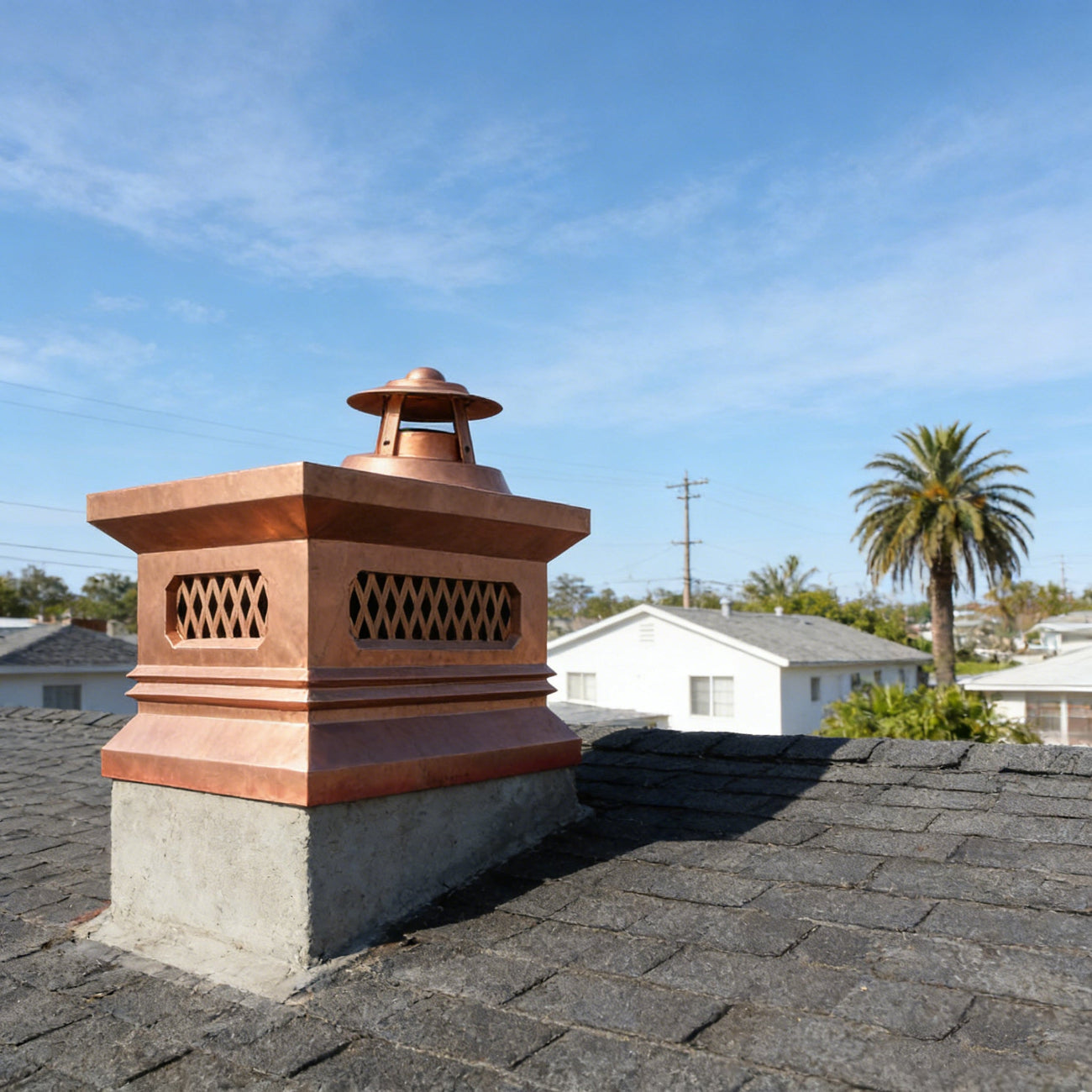 Handcrafted pure copper chimney cap with natural patina for California luxury homes