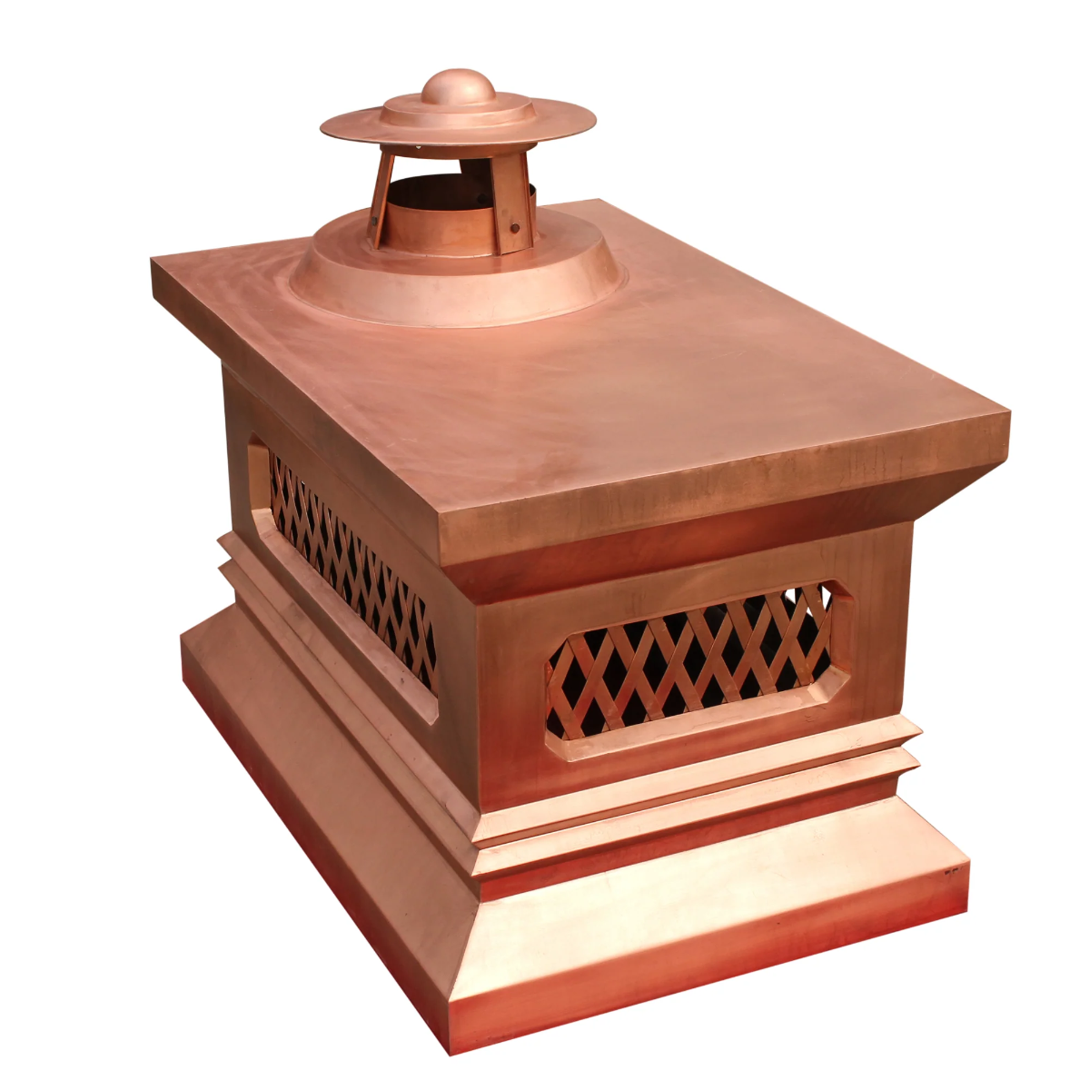 Handcrafted pure copper chimney cap with natural patina for California luxury homes
