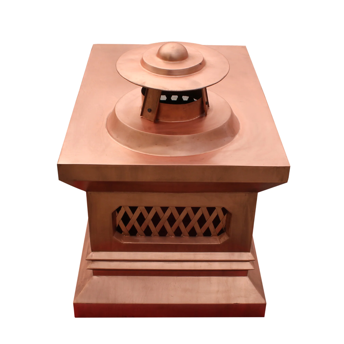 Handcrafted pure copper chimney cap with natural patina for California luxury homes