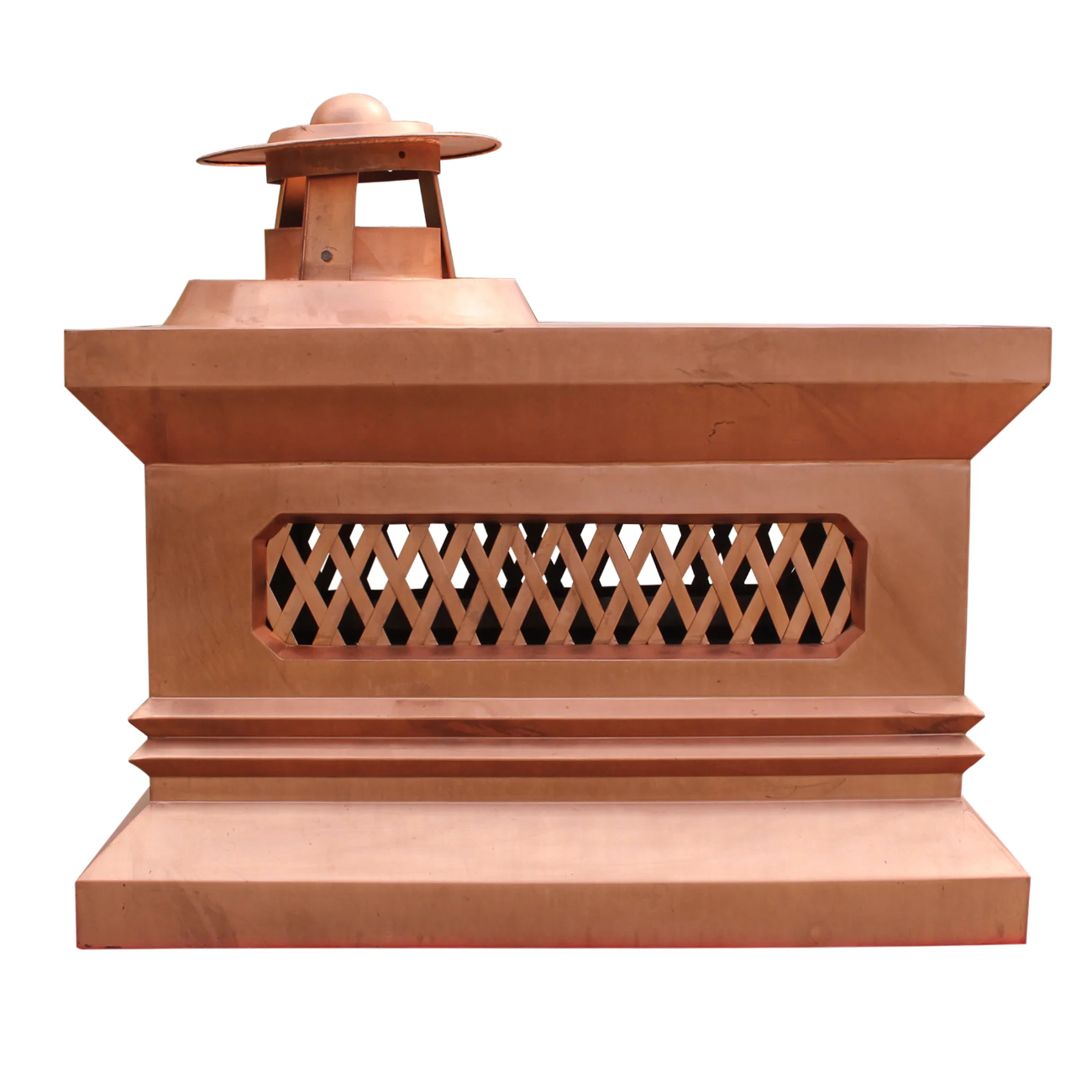Handcrafted pure copper chimney cap with natural patina for California luxury homes