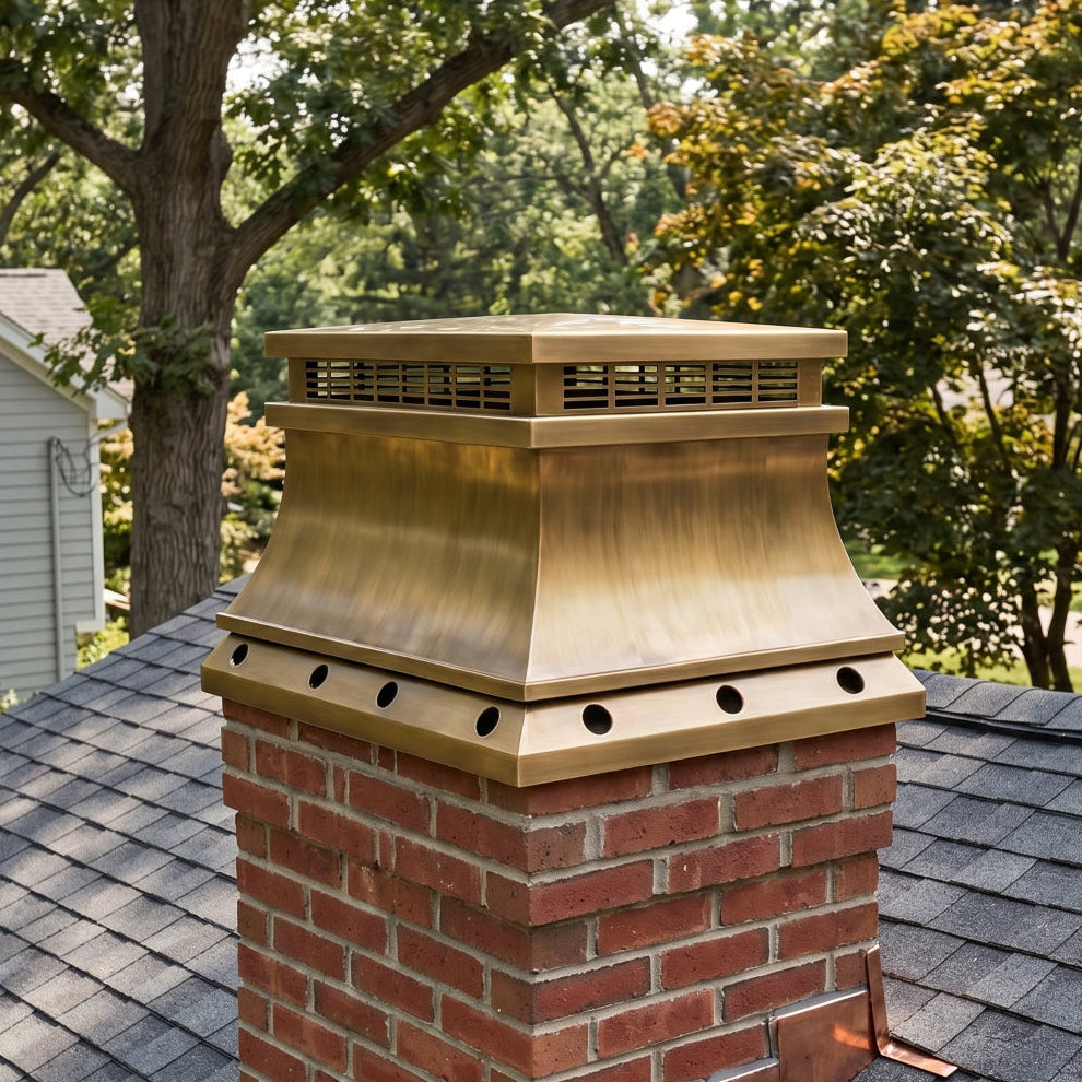 Luxury antique brass chimney cap with handcrafted flat top design for Charleston homes
