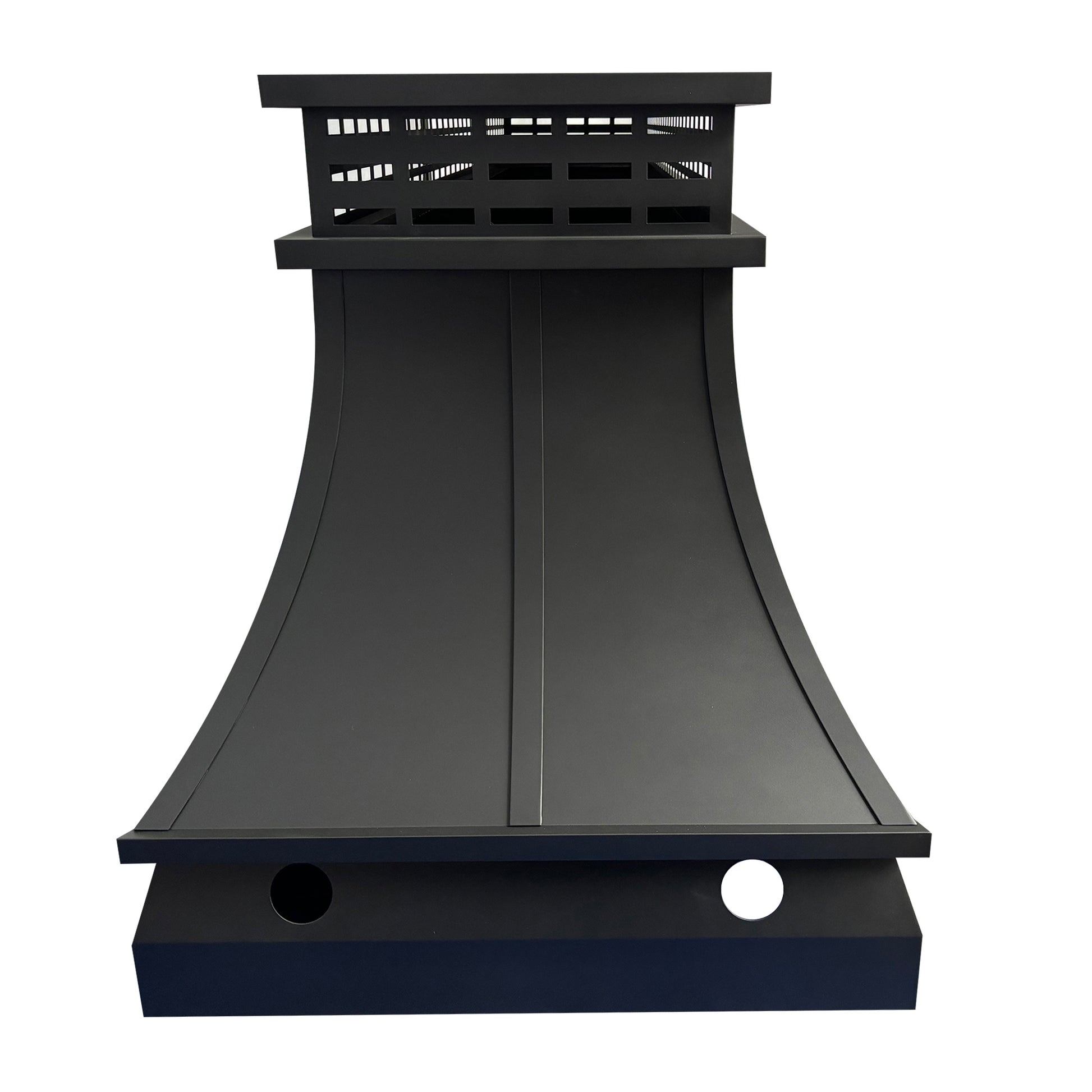 custom black stainless steel chimney cap flat top design with trims and curved shape at chimneycapmaster for Chicago houses