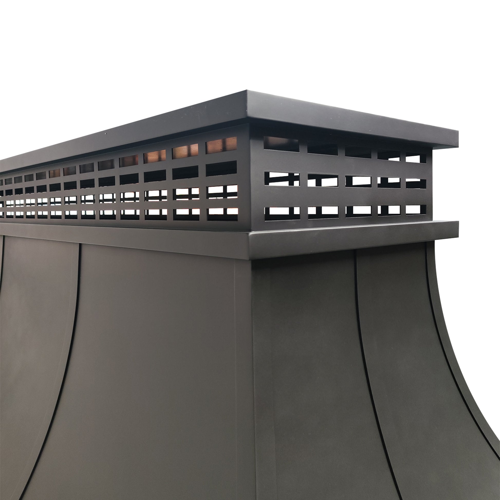 custom black stainless steel chimney cap flat top design with trims and curved shape at chimneycapmaster for Chicago houses