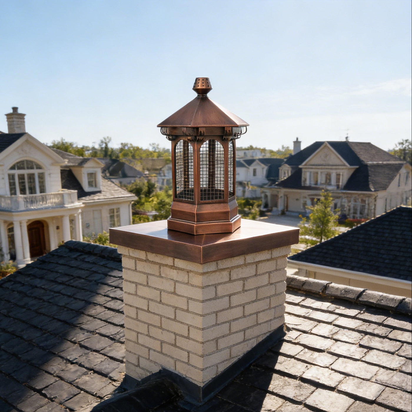 copper chimney chase cover and cap custom handcrafted in antique copper with protective mesh at chimneycapmaster