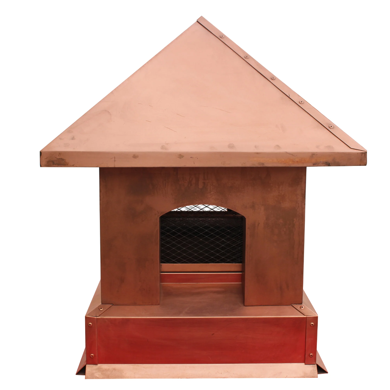 custom copper chimney cap pyramid shape in nature copper color with protective mesh and overhang at chimneycapmaster