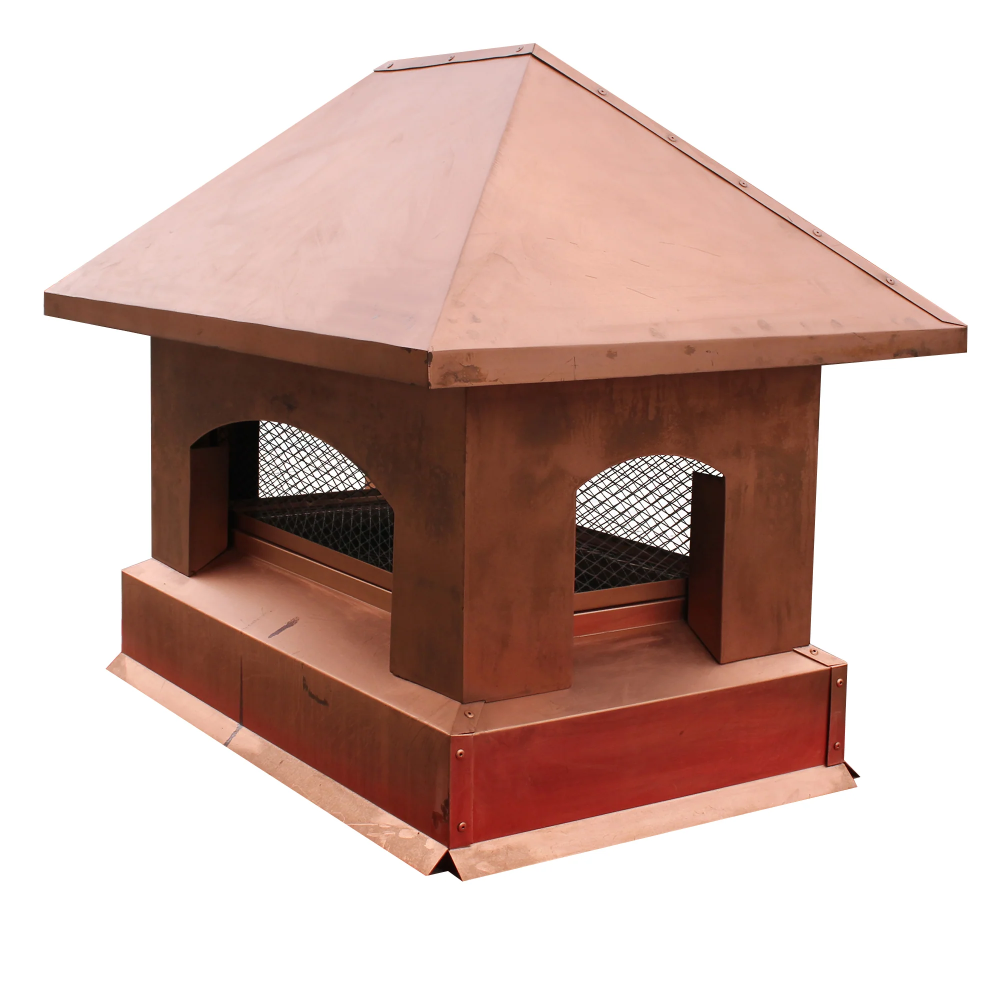 custom copper chimney cap pyramid shape in nature copper color with protective mesh and overhang at chimneycapmaster