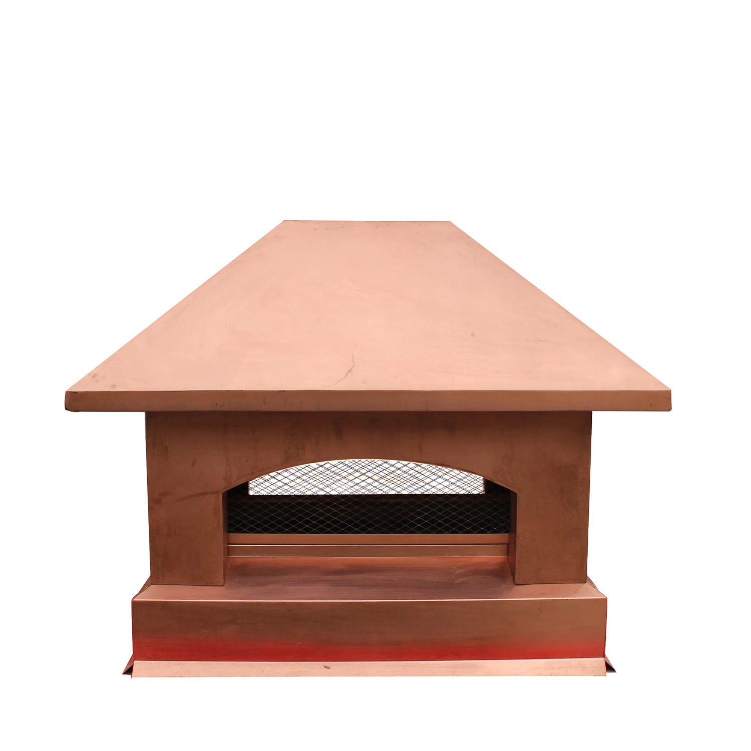 custom copper chimney cap pyramid shape in nature copper color with protective mesh and overhang at chimneycapmaster