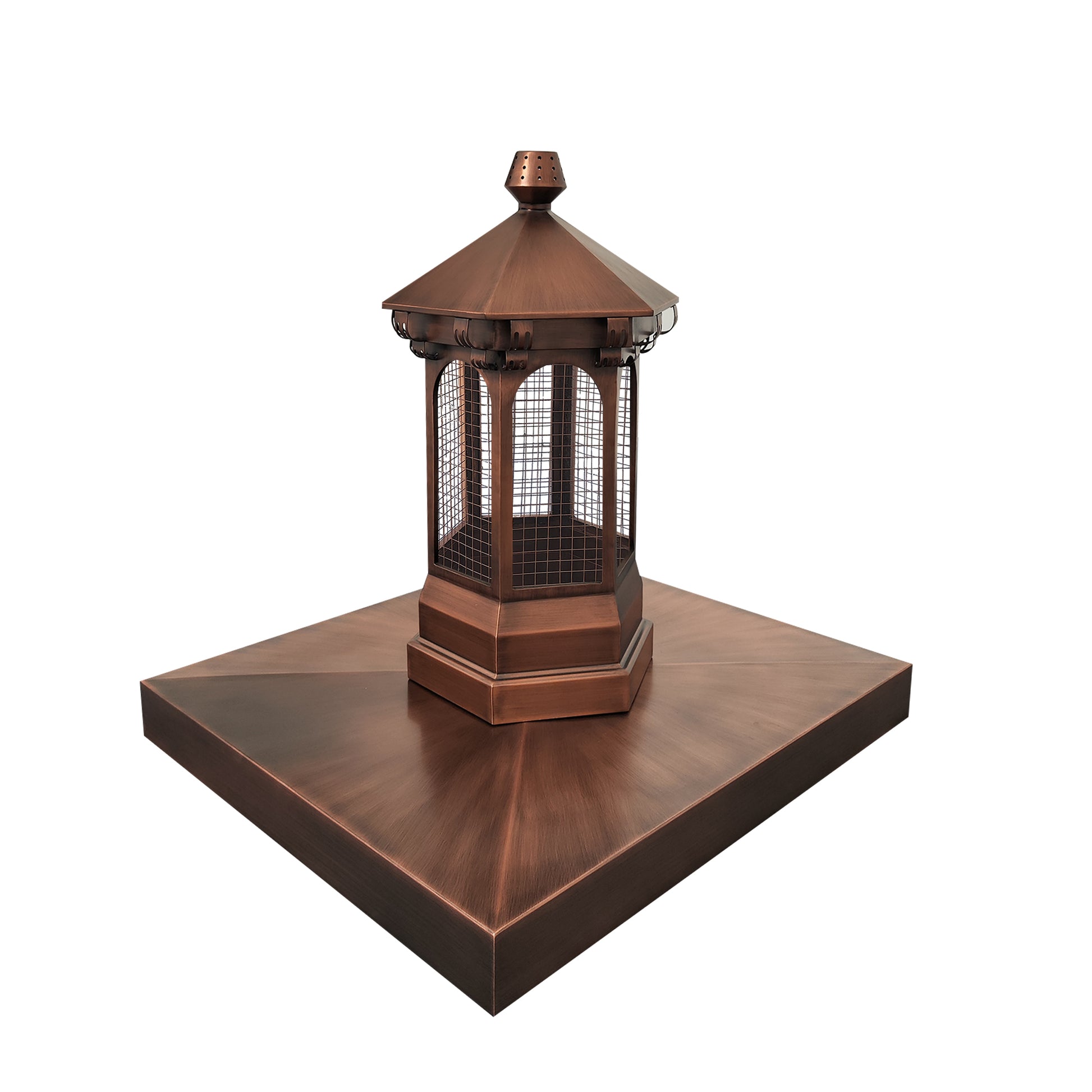 copper chimney chase cover and cap custom handcrafted in antique copper with protective mesh at chimneycapmaster