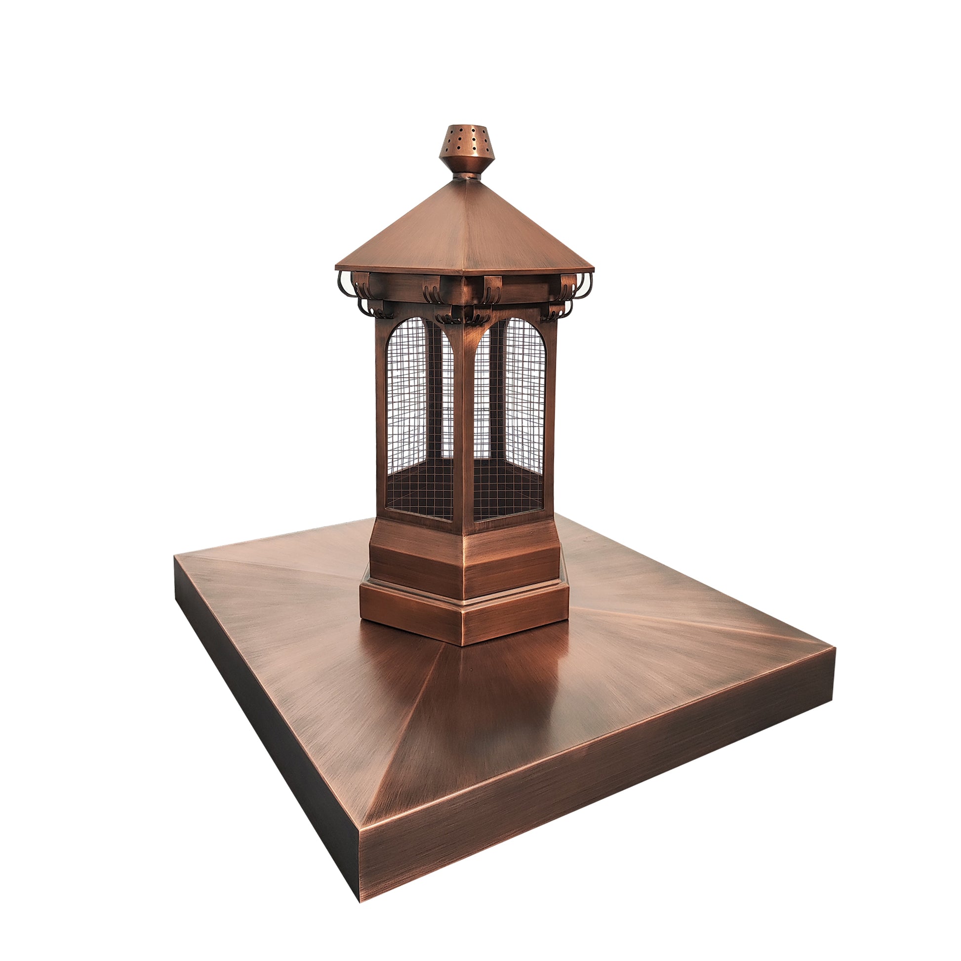 copper chimney chase cover and cap custom handcrafted in antique copper with protective mesh at chimneycapmaster