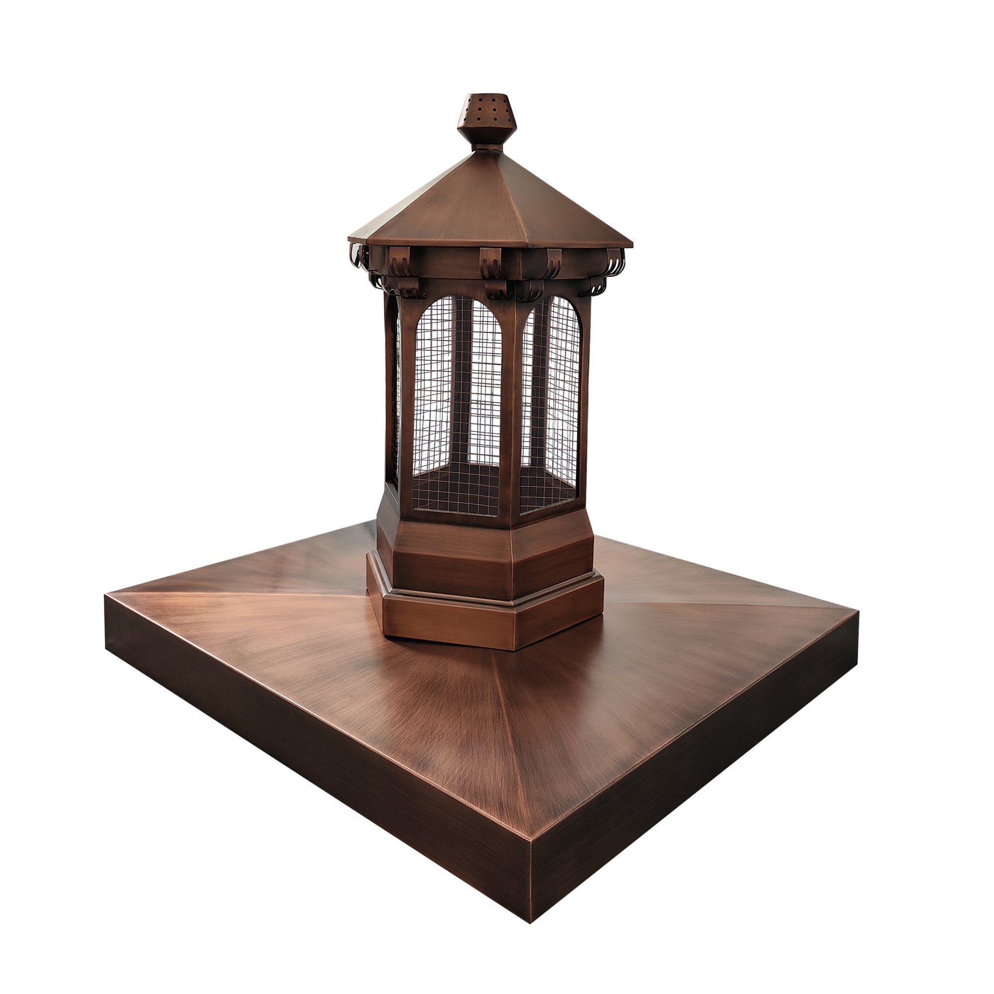 copper chimney chase cover and cap custom handcrafted in antique copper with protective mesh at chimneycapmaster
