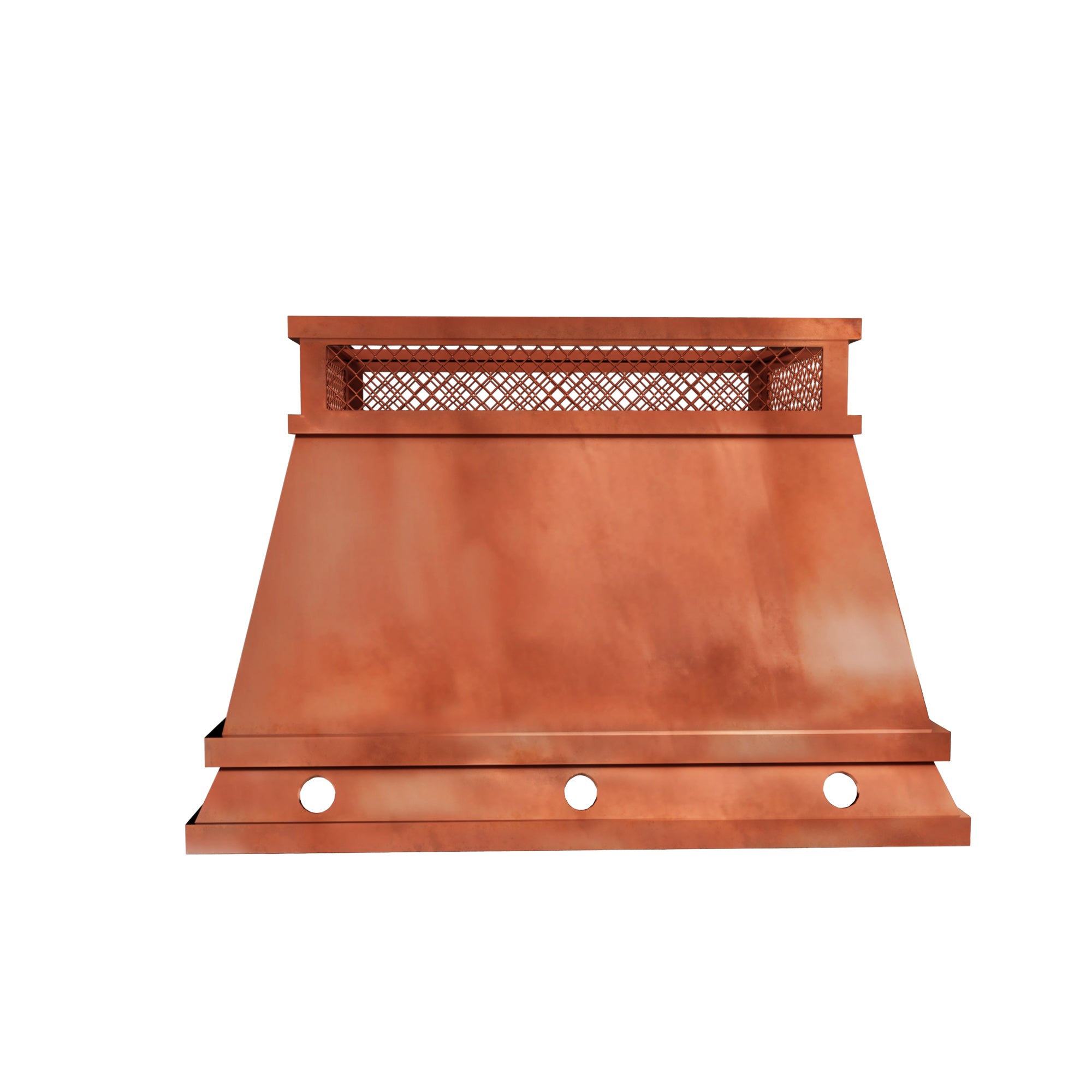 custom chimney cap in fired copper smooth finish with flat top and protective shround mash