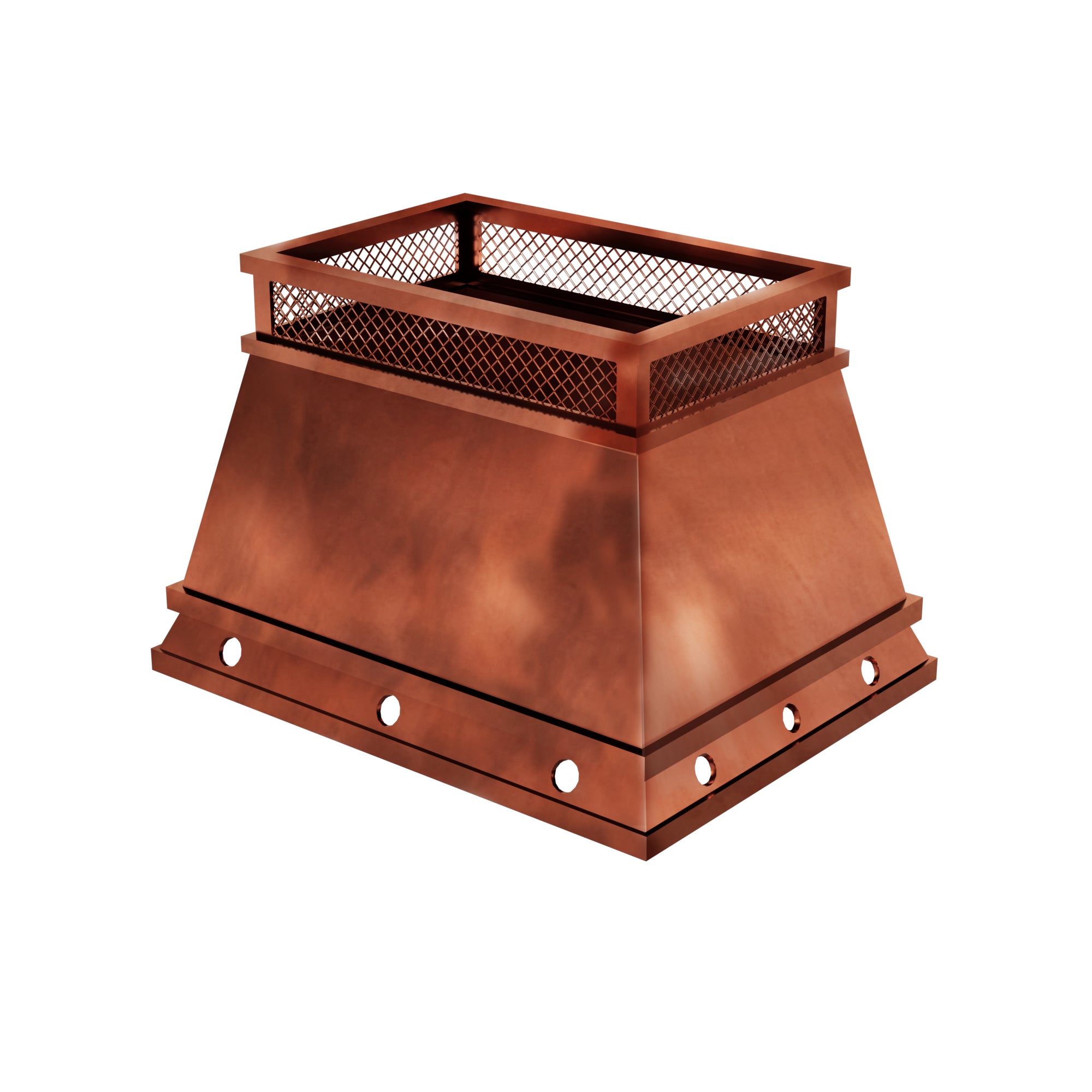 custom chimney cap in fired copper smooth finish with flat top and protective shround mash