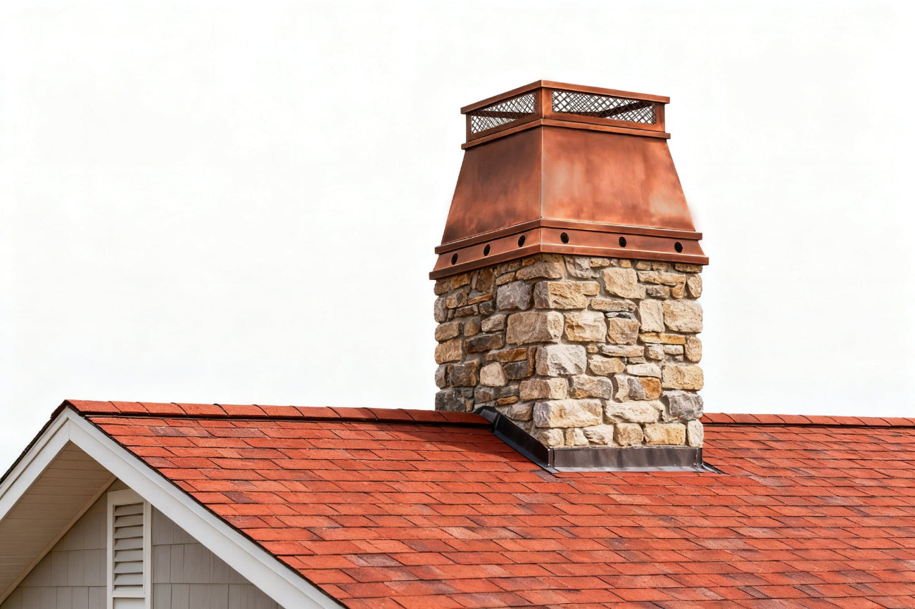 custom chimney cap in fired copper smooth finish with flat top and protective shround mash