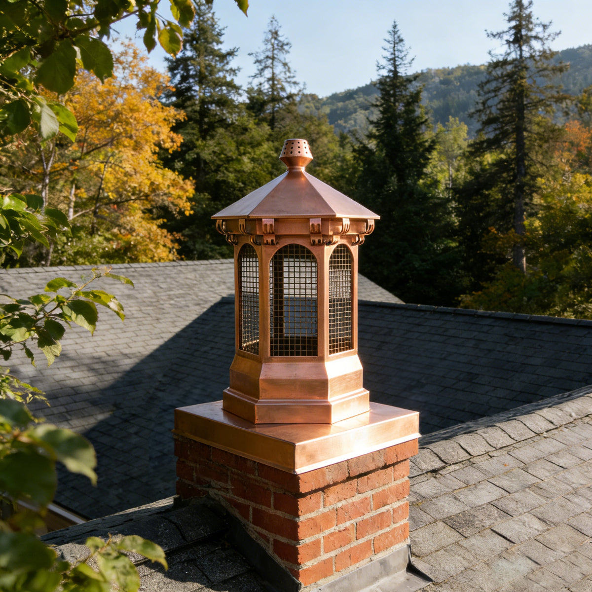 copper chimney cap custom handcrafted in nature copper with protective mesh at chimneycapmaster