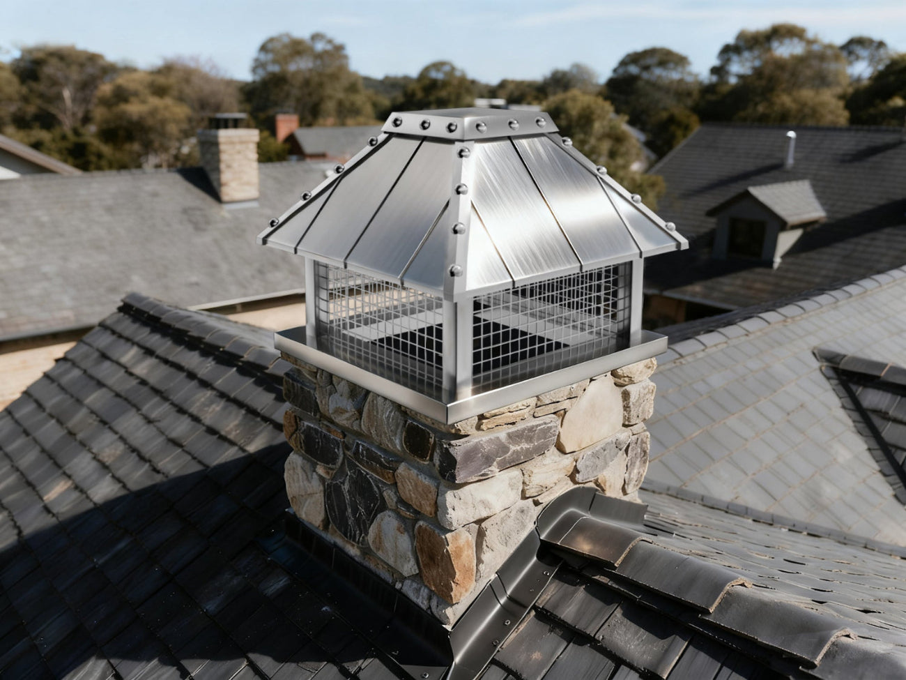 stainless steel chimney rain cap with trims and rivets flat top design at chimneycapmaster