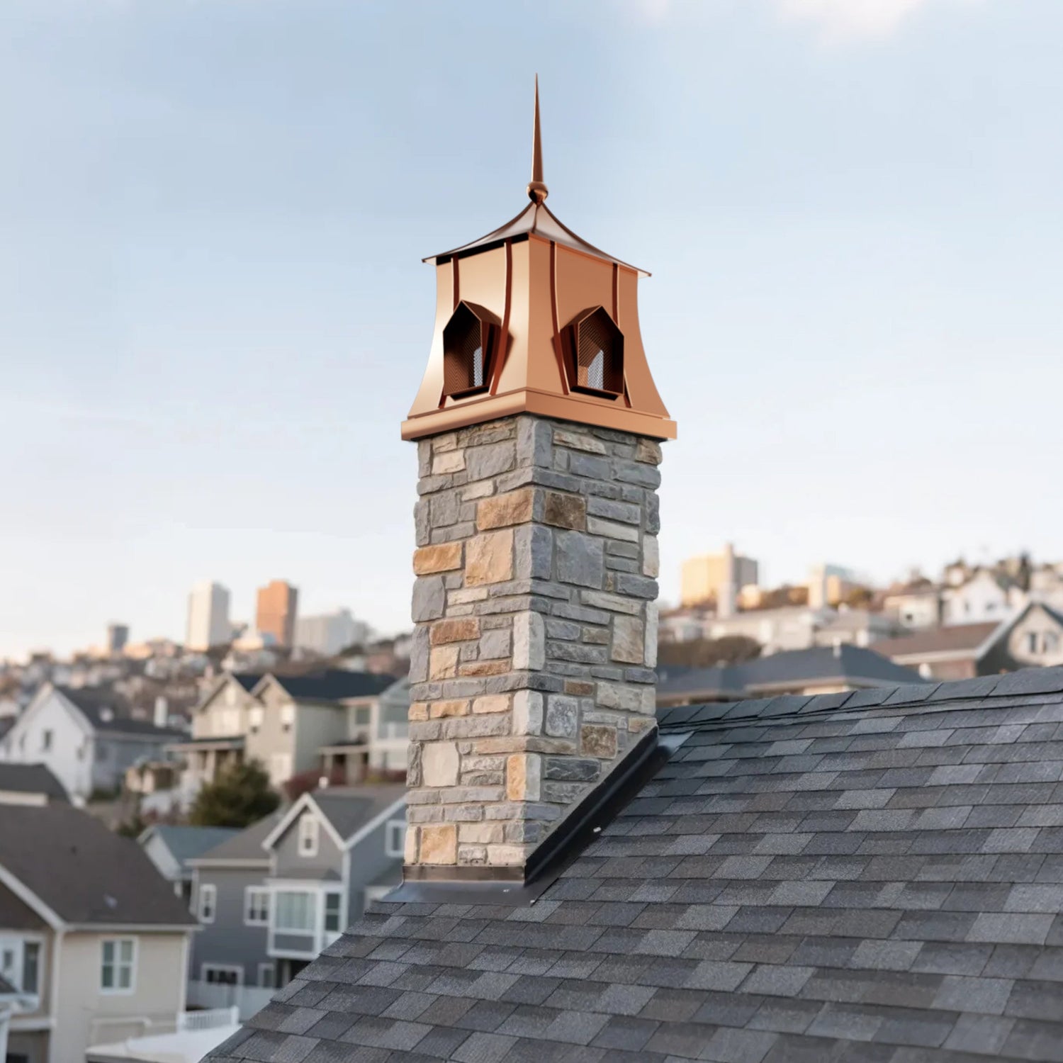 Copper chimney cap with tailored size for industrial chimney systems
