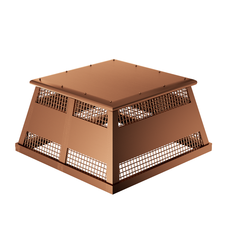 custom chimney cap in antique copper full width flat design with mesh and rivets at chimneycapmaster