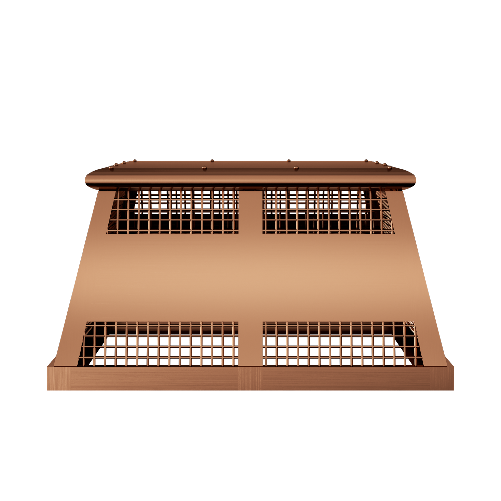 custom chimney cap in antique copper full width flat design with mesh and rivets at chimneycapmaster