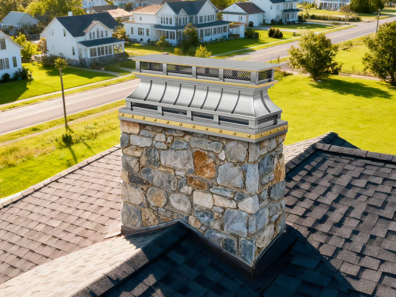 custom stainless steel chimney caps with brushed brass straps and rivets at chimneycapmaster