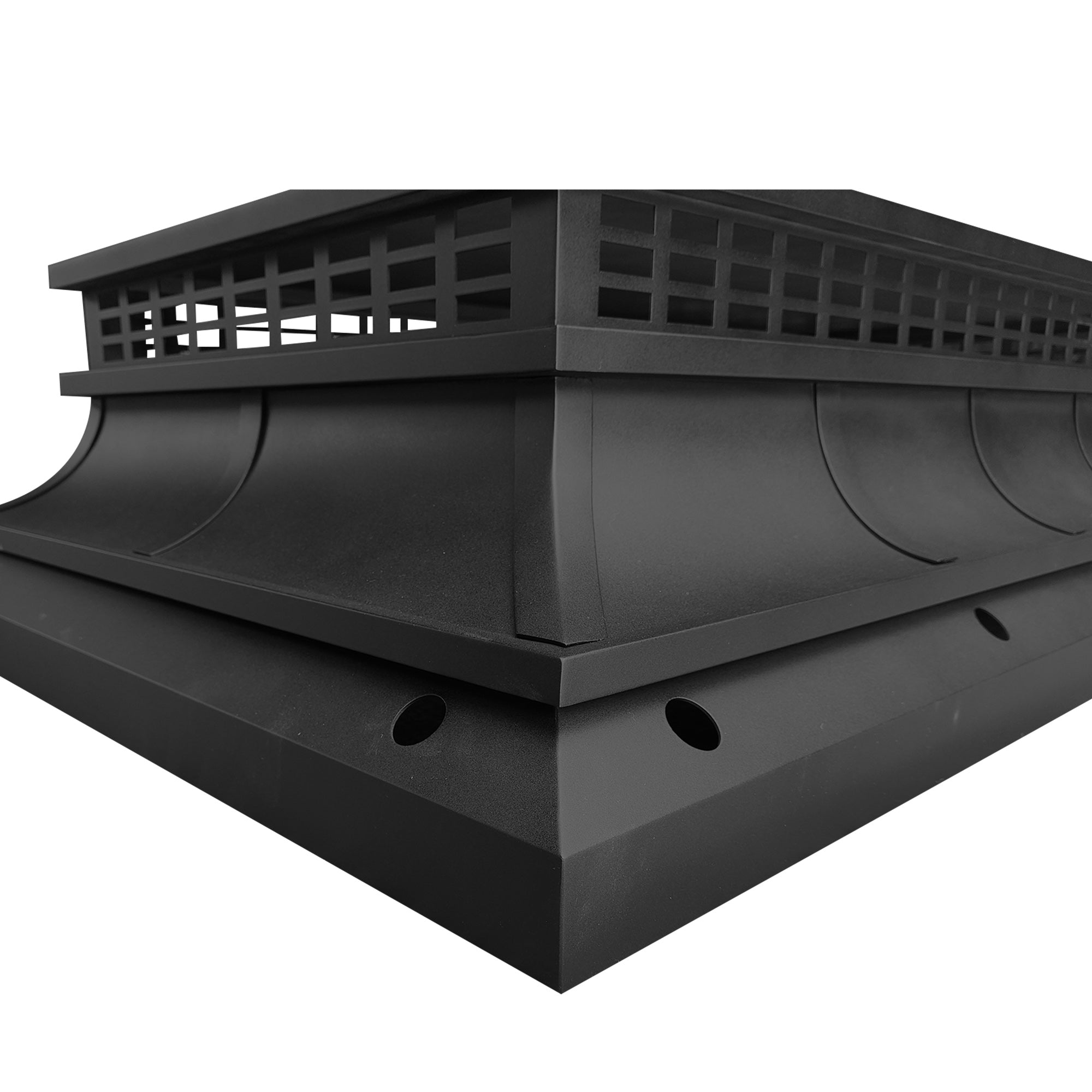 custom black stainless steel chimney cover flat top design with trims and curved shape at chimneycapmaster
