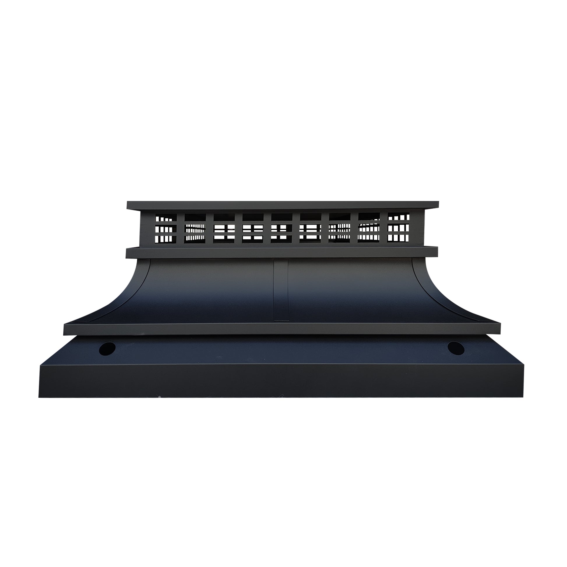 custom black stainless steel chimney cover flat top design with trims and curved shape at chimneycapmaster