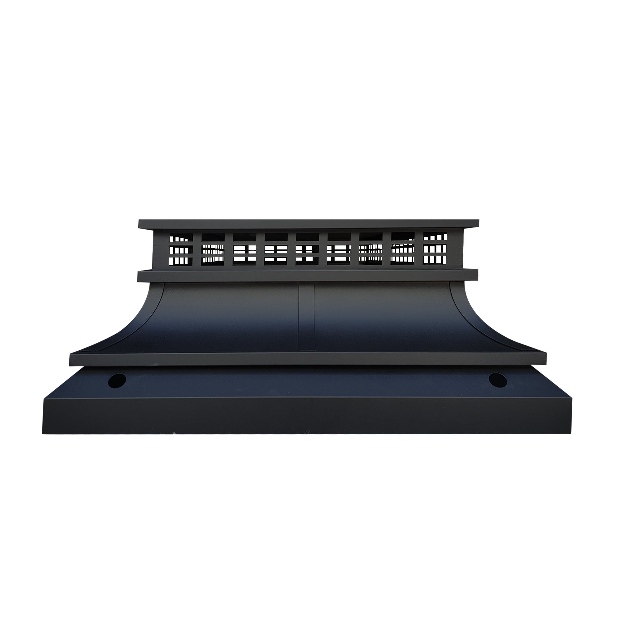 custom black stainless steel chimney cover flat top design with trims and curved shape at chimneycapmaster