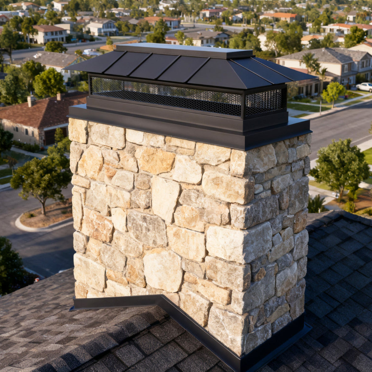 custom black stainless steel flat top chimney cap and large shedding design to prevent rain and snow, with birds screen, only at chimneycapmaster