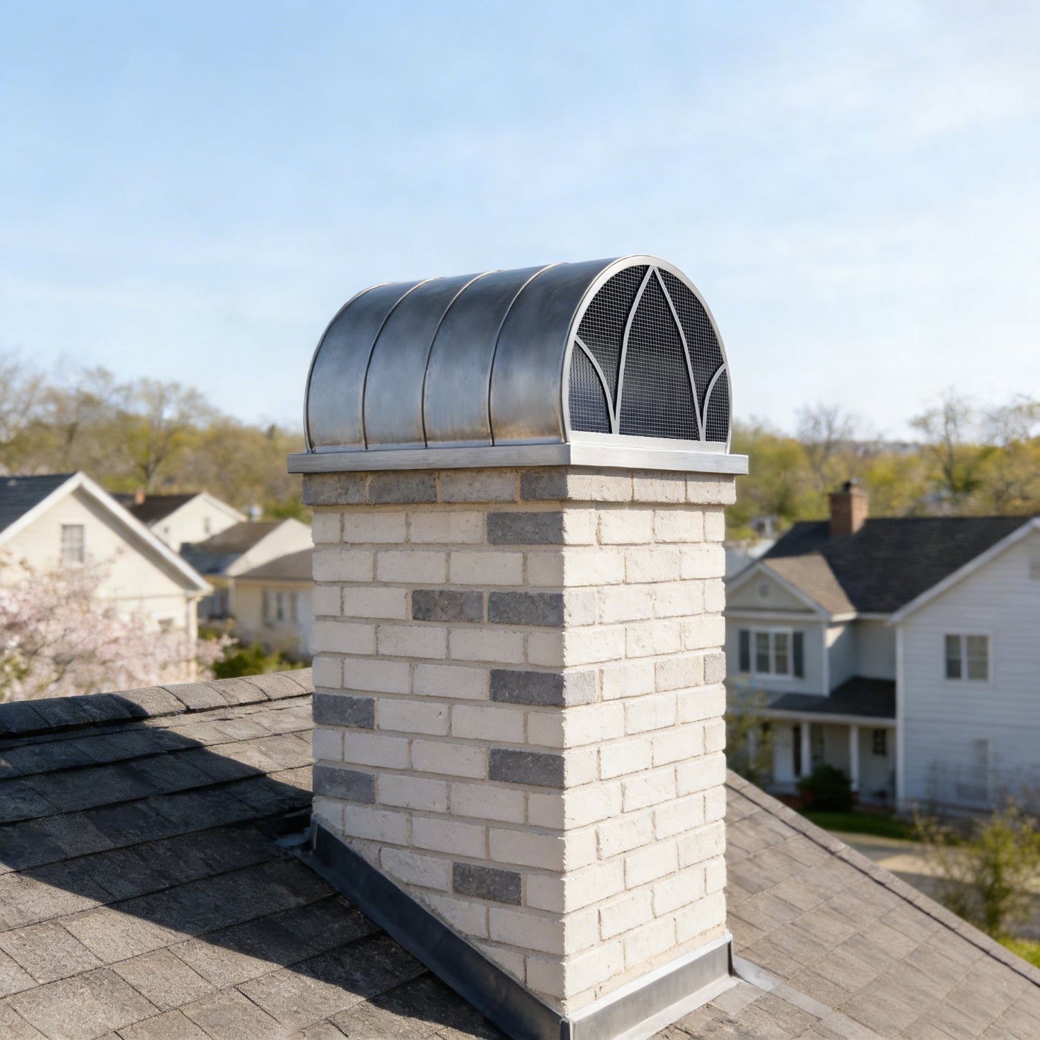 MASTER Custom Natural Zinc Chimney Shroud Box Design MZ-F02 installed on residential chimney with natural zinc patina finish