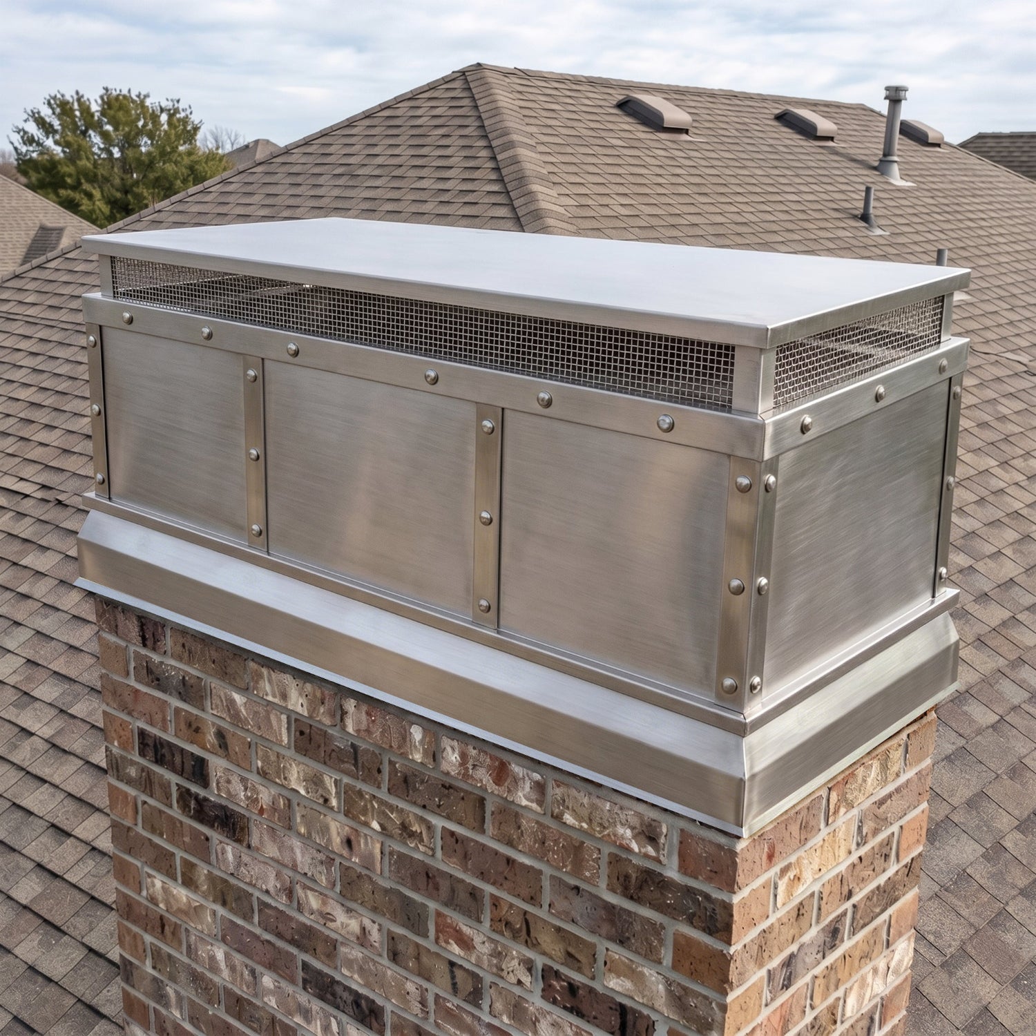 MASTER Custom High End Handmade Zinc Chimney Cover MZ-D01 installed on residential chimney with modern zinc finish