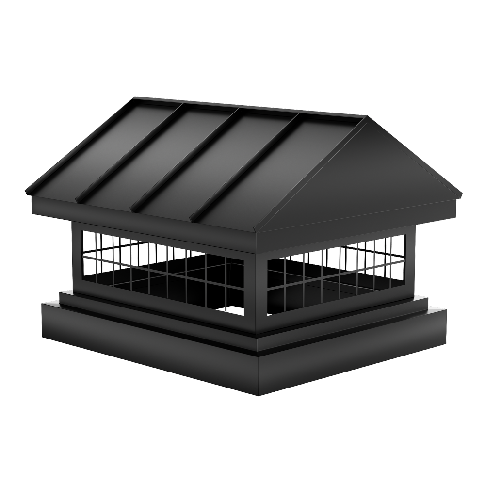 custom black stainless steel chimney cap pyramid top with mesh around at chimneycapmaster